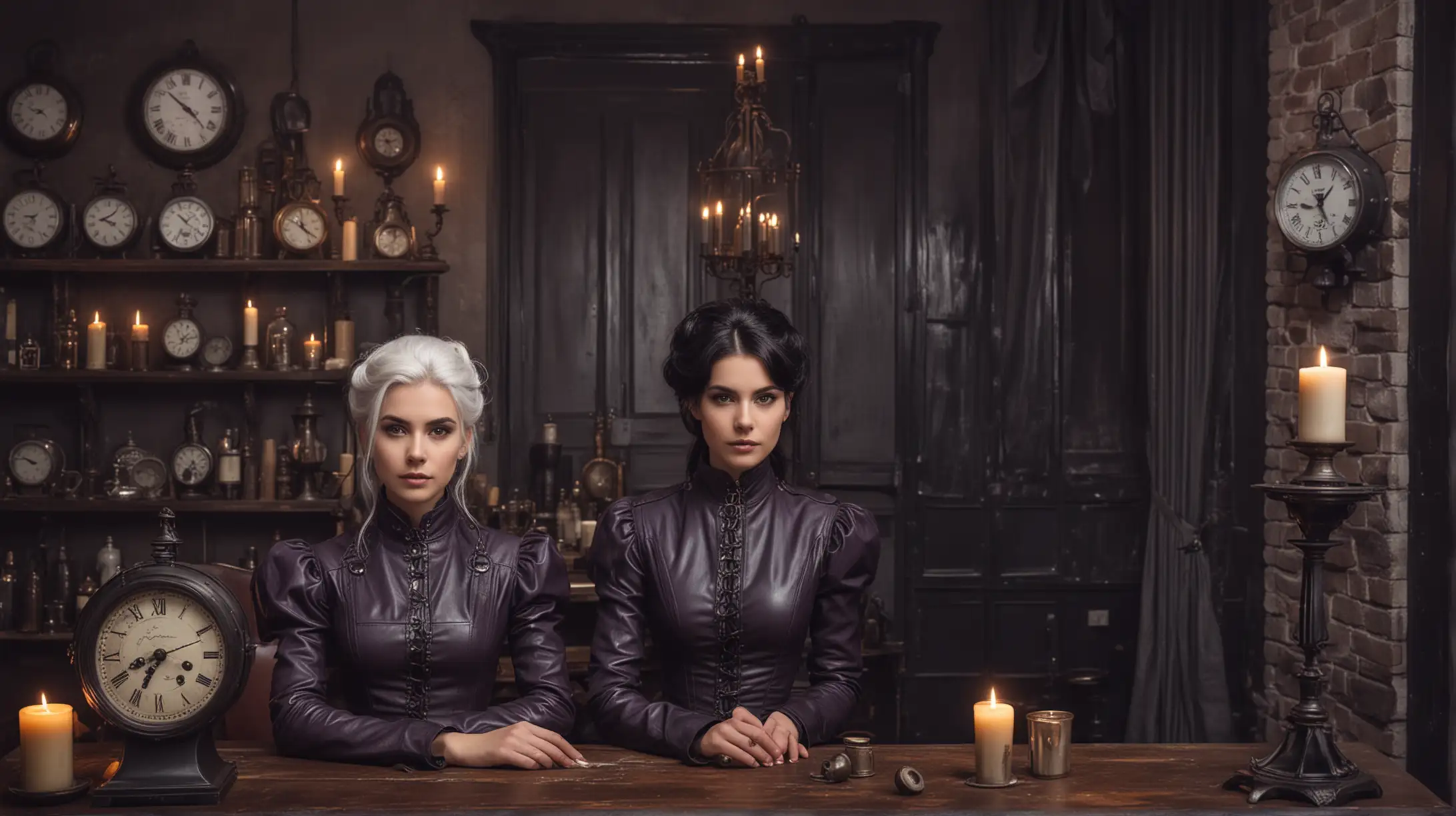 a young steampunk woman in elegant leather purple dress, with black hair and a  very old steampunk woman in a  leather grey dress, with white hair sit at the table in a room full of old clocks, the room is dark, a candle illuminates the room