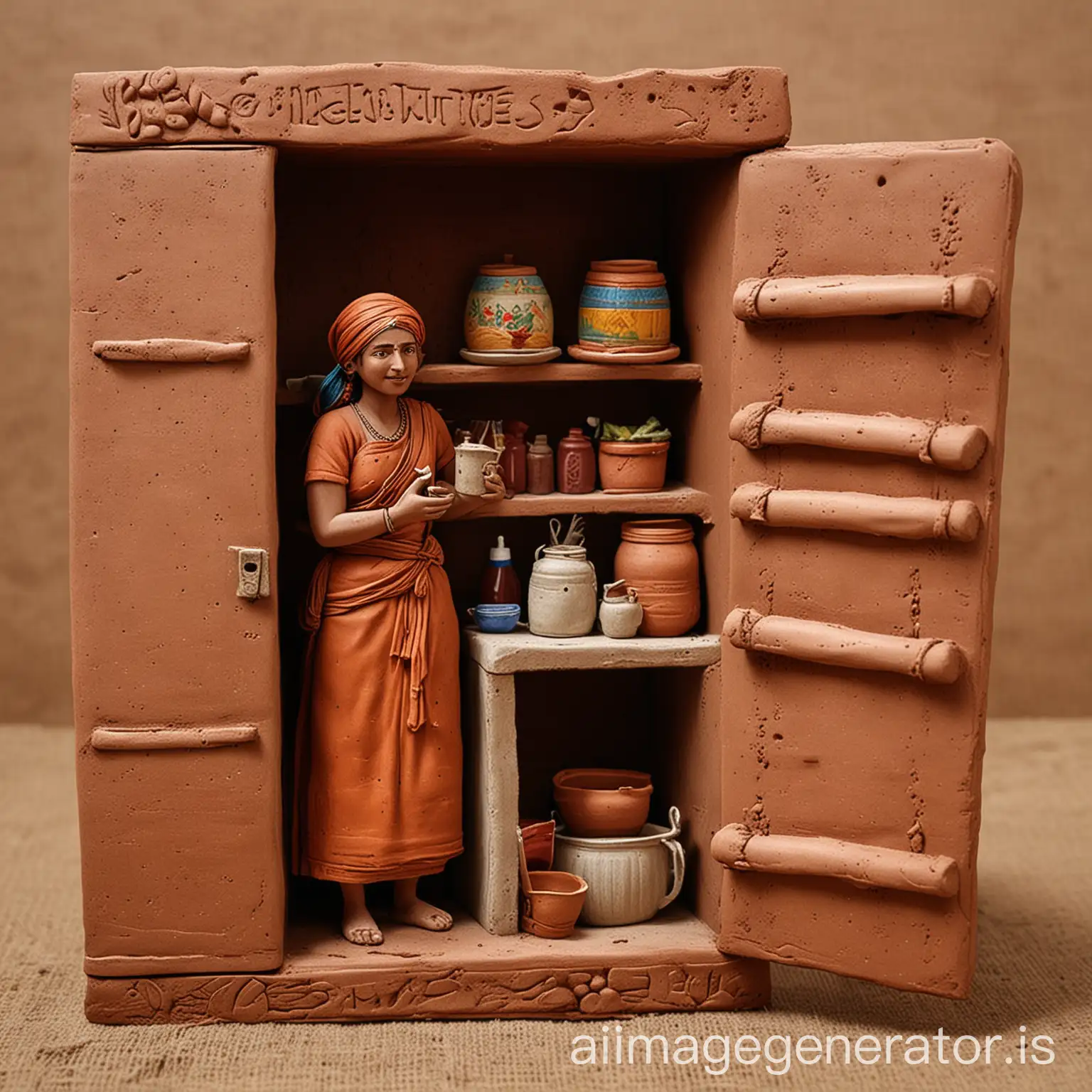 Photo of a village woman's handmade clay fridge realistic