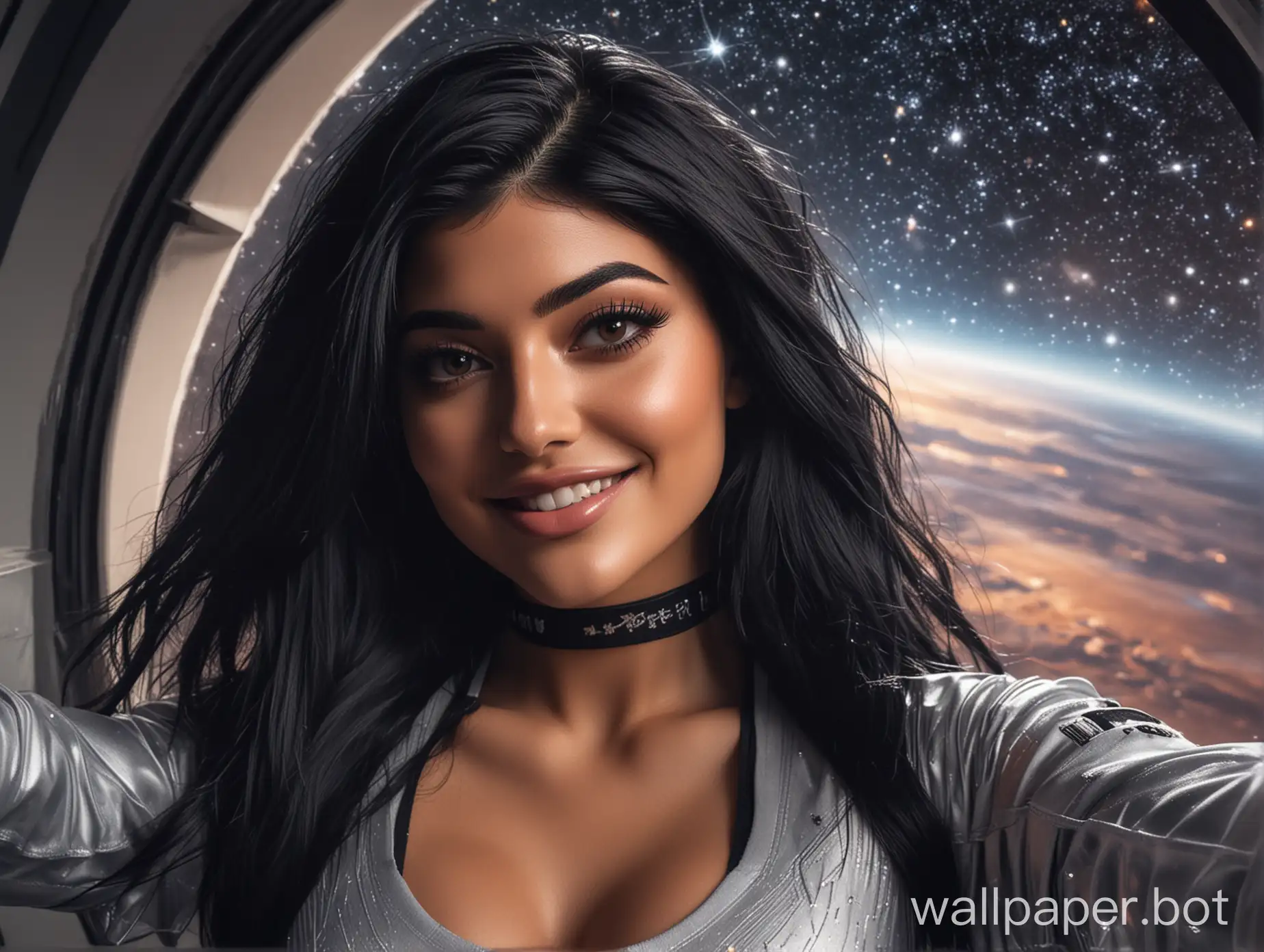 female with Kylie Jenner face taking selfie,  Science-Fiction, close-up headshot, Wear sporty cyberoutfit with cleavage , curvy female body shape, stars and planet through a window in the background, black shoulder long hair, natural black eyes, open smiling with showing teeth, over-the-shoulder shot