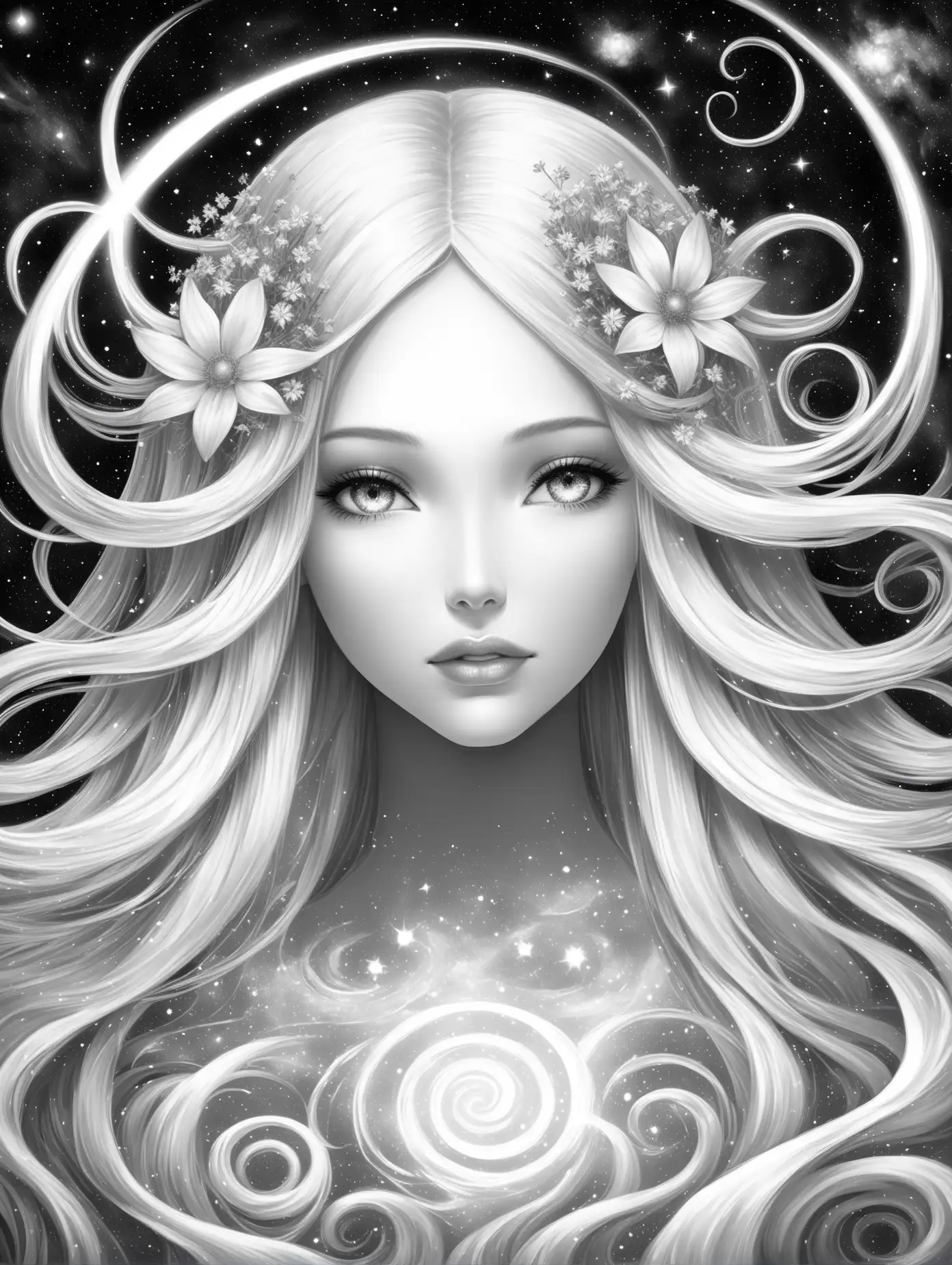 Black and white illustration of a beautiful celestial girl, with long white straight hair, full lips, flowers, galaxy in the background, magic swirls, close up
