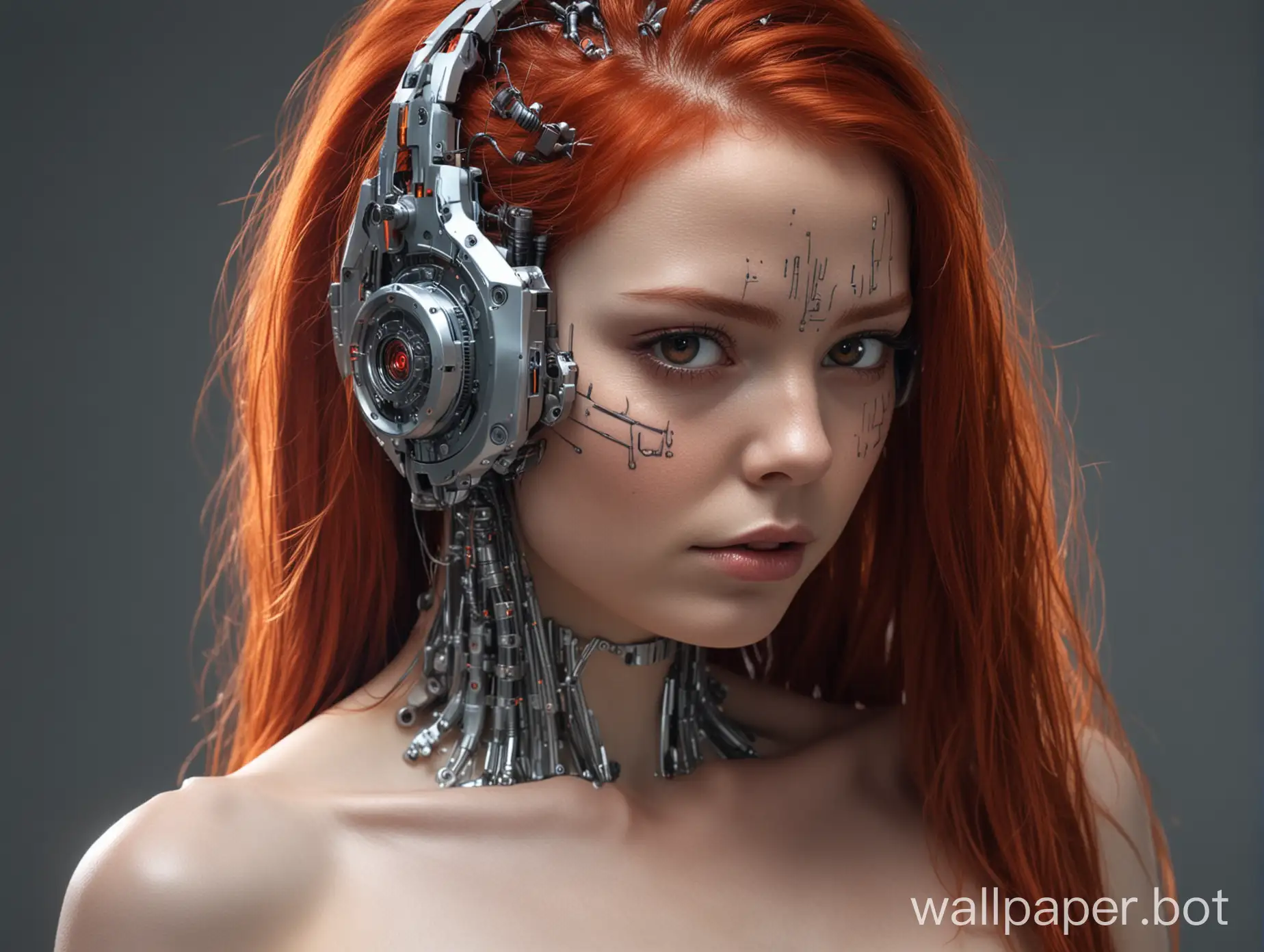 голая девушка киборг  стреляет лазером из глаз, кибер импланты по всему телу, длинные огненно рыжие волосы развиваются, в полный рост, вид с боку