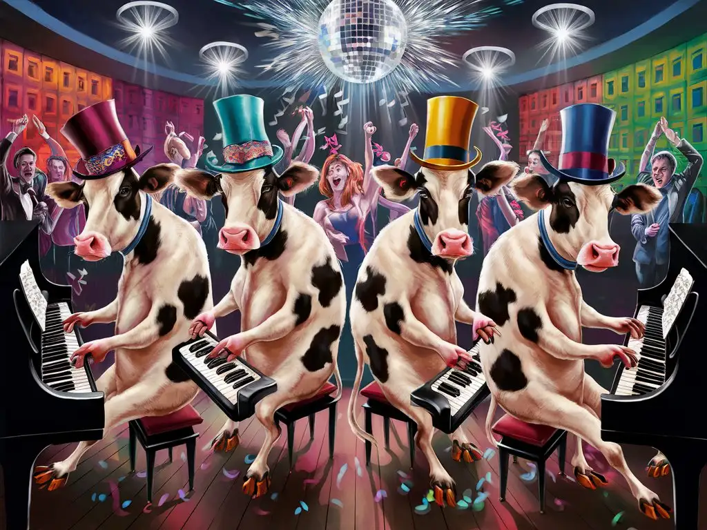 4 cows playing the piano in the club.
