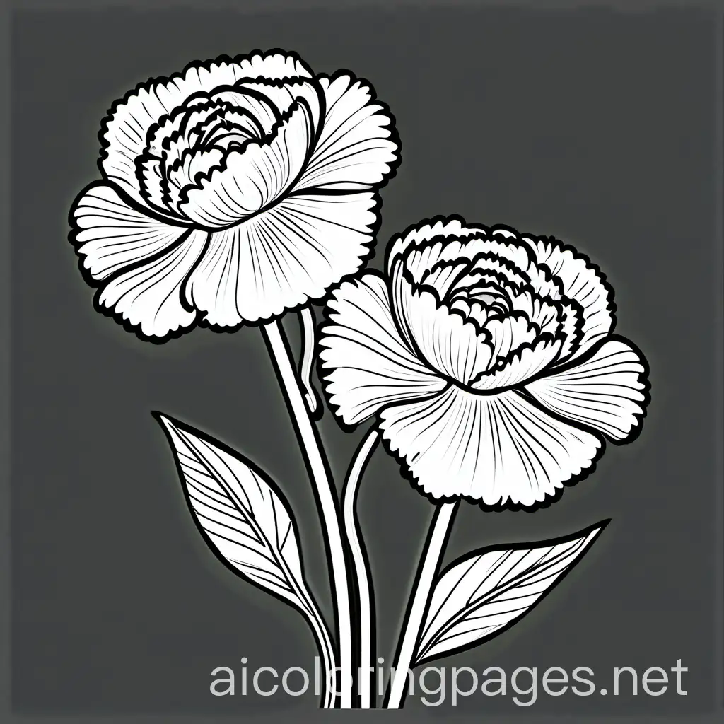 Line art sketch of a Carnations flower, Coloring Page, black and white, line art, white background, Simplicity, Ample White Space. The background of the coloring page is plain white to make it easy for young children to color within the lines. The outlines of all the subjects are easy to distinguish, making it simple for kids to color without too much difficulty