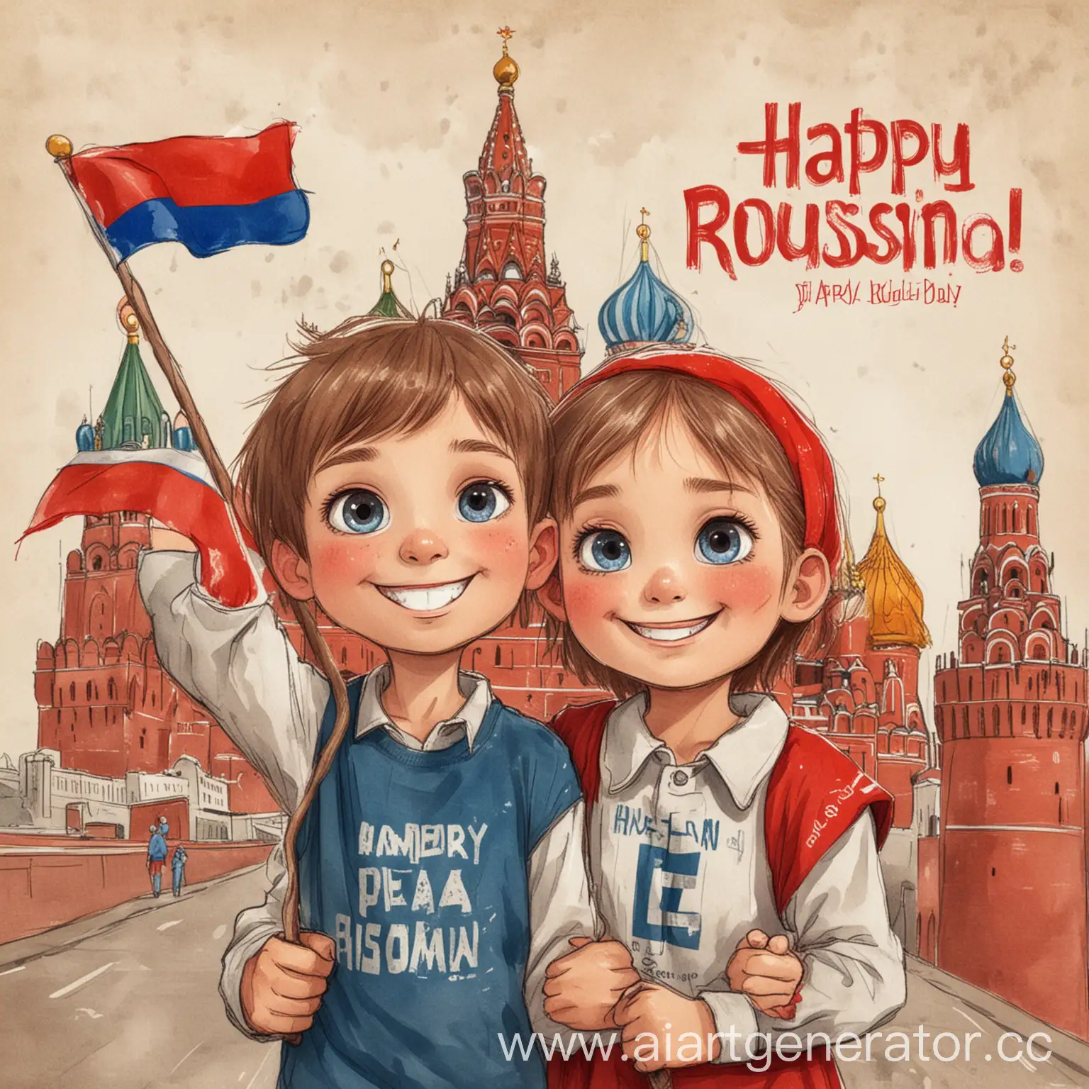 нарисованные мальчик и девочка держат флаг России. На заднем фоне Красный кремль и надпись С Днем России