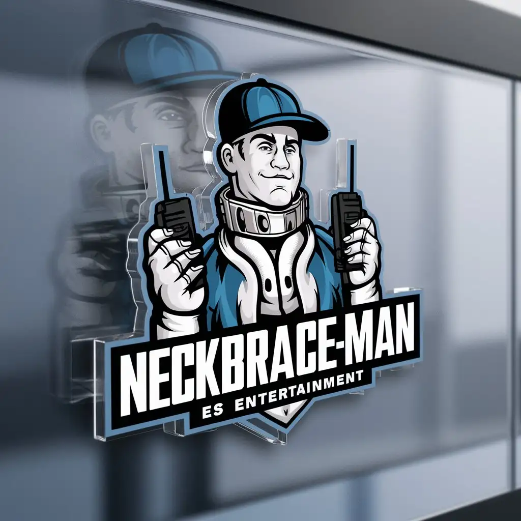 LOGO-Design-For-NeckBraceMan-White-Guy-with-Neck-Brace-Walkie-Talkies-and-Baseball-Cap