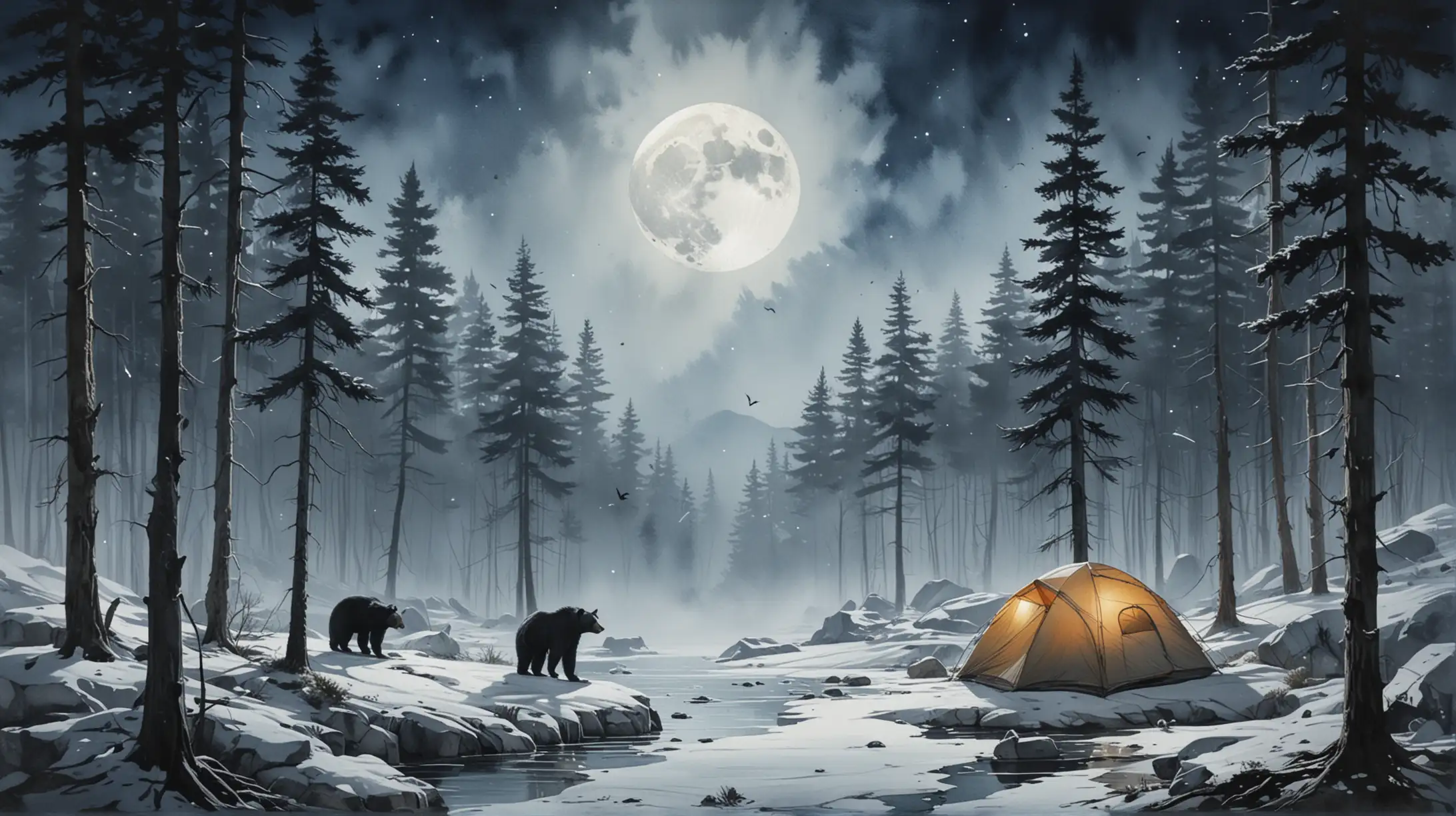 The image is a watercolor painting featuring a surreal, floating landscape with a blend of natural elements. At the top, a large, full moon dominates the background, painted in soft, muted tones of gray and white with subtle texture, giving it a realistic yet dreamy appearance.

In front of the moon, a silhouette of a tent is pitched on a small piece of land. Next to the tent, a black bear walks, adding a sense of wilderness and adventure to the scene. To the left of the tent, there is a cluster of tall, slender pine trees, also depicted in silhouette, adding to the forested feel.

The piece of land appears to be floating above a vibrant, blue, triangular waterfall or icy formation that cascades downward, tapering to a point. The blue watercolor creates a fluid, dynamic contrast to the more solid, earthy tones of the upper landscape. Birds are flying near the moon, adding a touch of movement and life to the serene, night-time scene.

The background is left white, providing a clean, minimalist canvas that highlights the central elements of the artwork. This composition combines elements of fantasy and nature, creating a peaceful and imaginative visual experience.