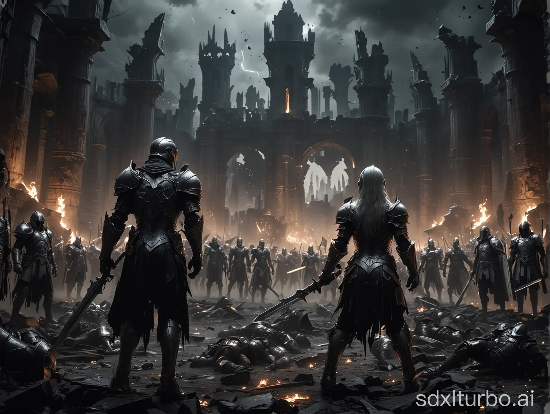 In a backdrop of dark ruins, light flashes, a black sky, people with dark forces (black armor) and those representing justice (white armor) are fighting with magic