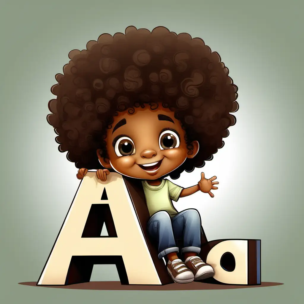 Cartoon happy african american 5 year old little boy with big curly afro and dark brown eyes sitting on a capital letter A