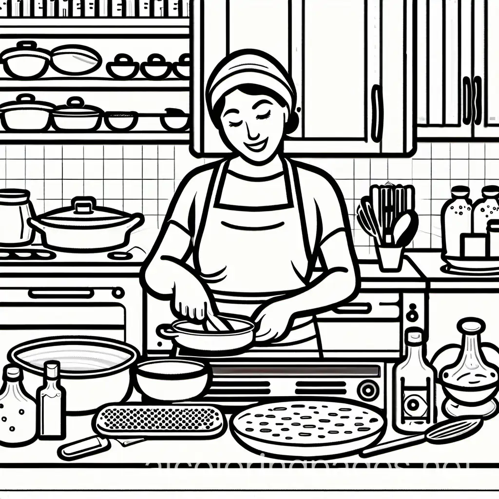 A kitchen scene where a mother is cooking happily with various utensils and ingredients. , Coloring Page, black and white, line art, white background, Simplicity, Ample White Space. The background of the coloring page is plain white to make it easy for young children to color within the lines. The outlines of all the subjects are easy to distinguish, making it simple for kids to color without too much difficulty