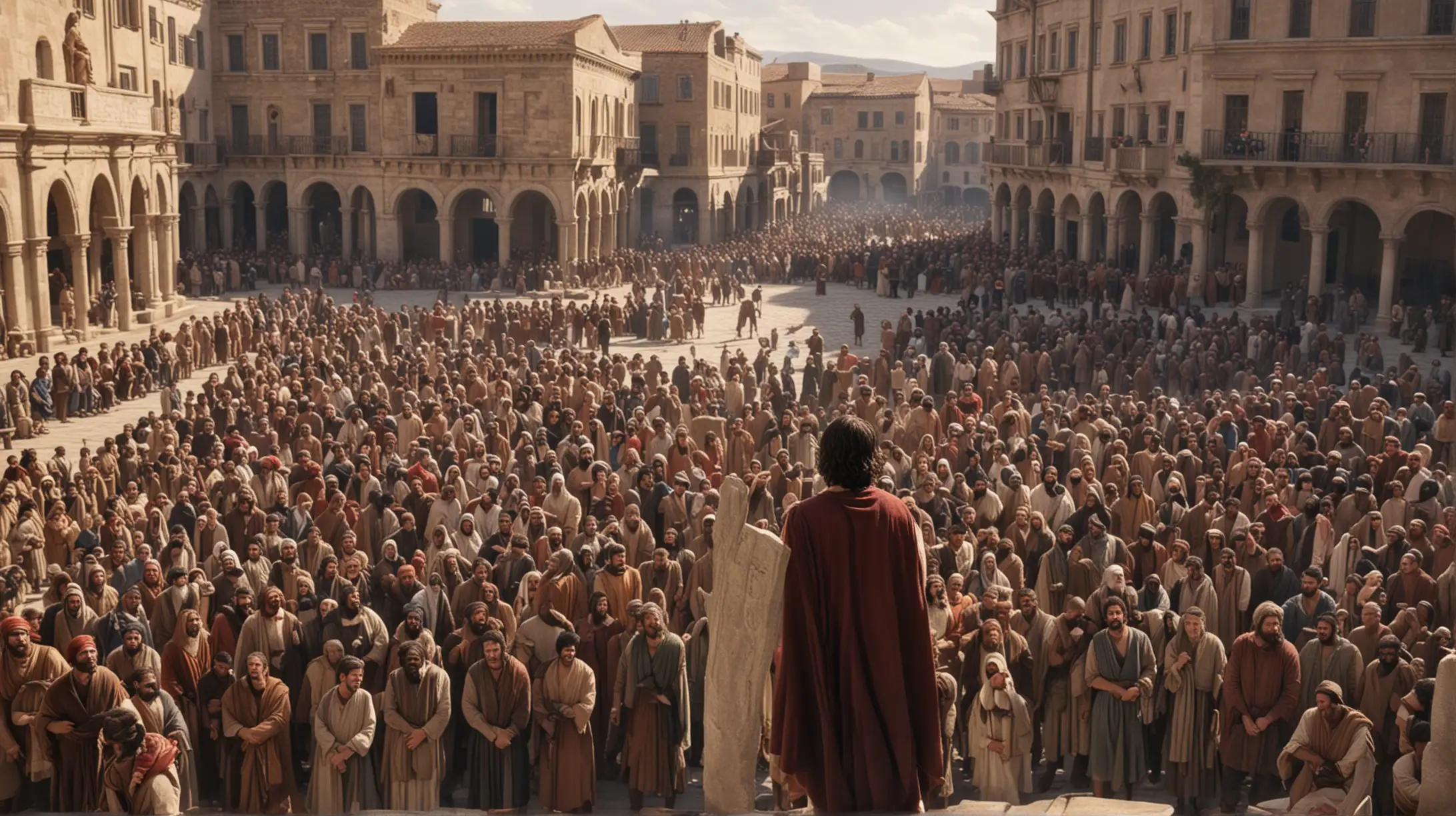 A view from Behind Ezra from the Bible, standing in a town square addressing a group of people.