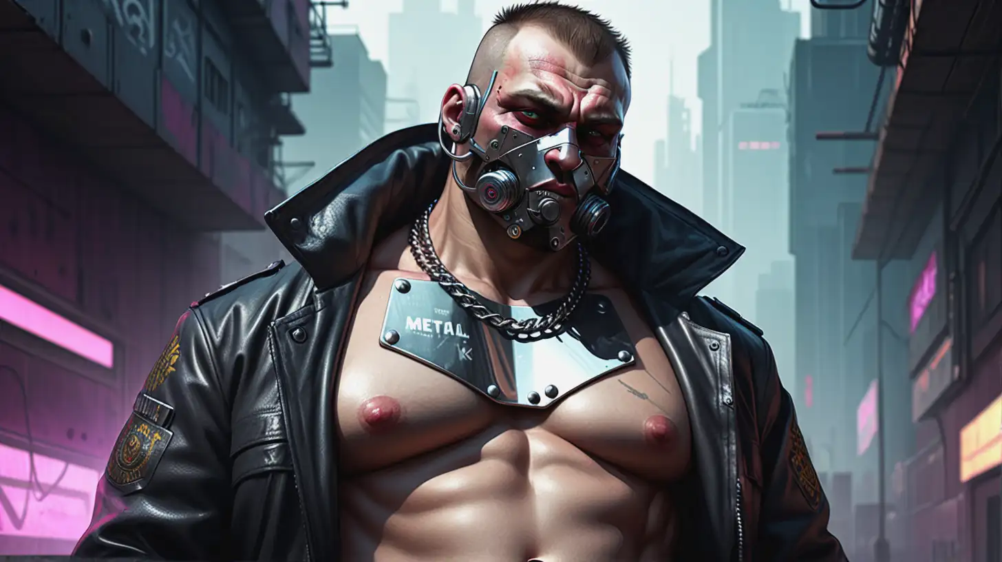 burly Russian cyberpunk gangster, he has a metal plate on his stomach and chin