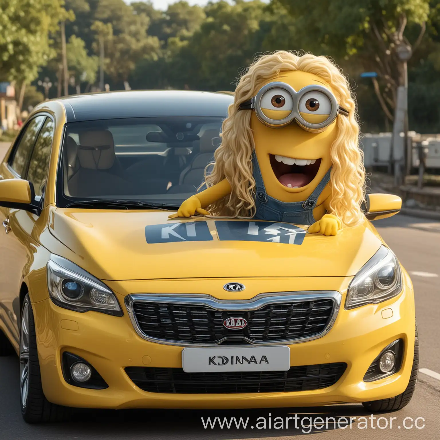 Minion-with-Long-Blonde-Curly-Hair-Sitting-on-DianaK5-Car
