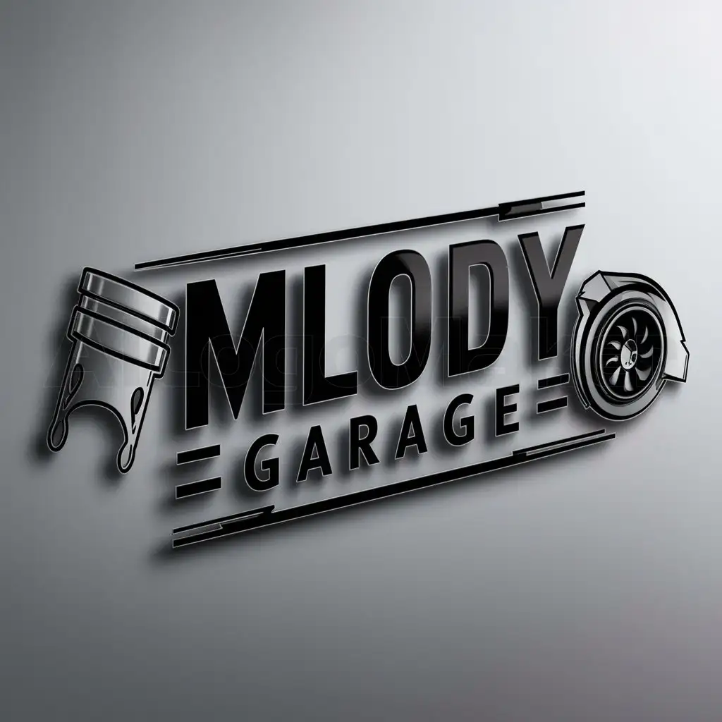 a logo design,with the text "MLODY GARAGE", main symbol:piston, turbo,Moderate,be used in Automotive industry,clear background