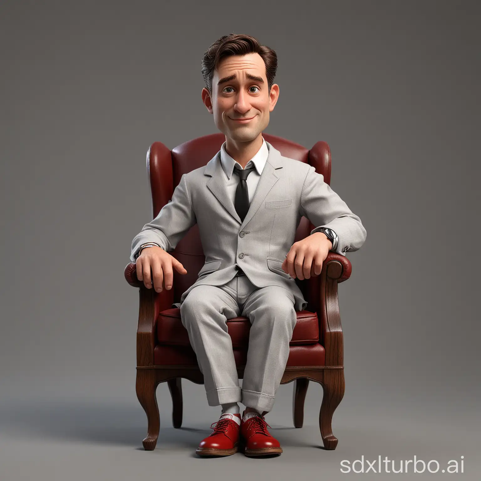 Create a caricature 3D Realistic Disney pixar style full body with a big head. a male photographer, a 40 year old man, is sitting relaxed in a classic dark red wingback wooden chair, the wood texture is clear. Wearing a white t-shirt covered with a gray suit, wearing gray cloth trousers. Wearing white shoes sneakers. Sit with your legs crossed, your right hand holding a camera leica m6, your left hand placed on the edge of the chair. The background should contrast with the color of the chair and clothing,enhancing the overall composition of the picture. Use soft photography lighting, dramatic overhead lighting, very high image quality, clear character details, UHD, 16k.