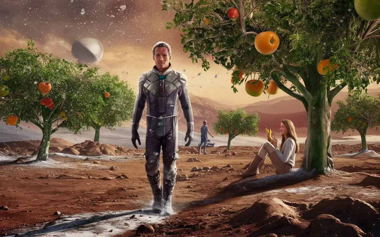 A man is walking on the planet Mars while it is snowing from the sky and there are some green trees with apple and orange fruits on the planet Mars and a woman is eating a banana under the tree.