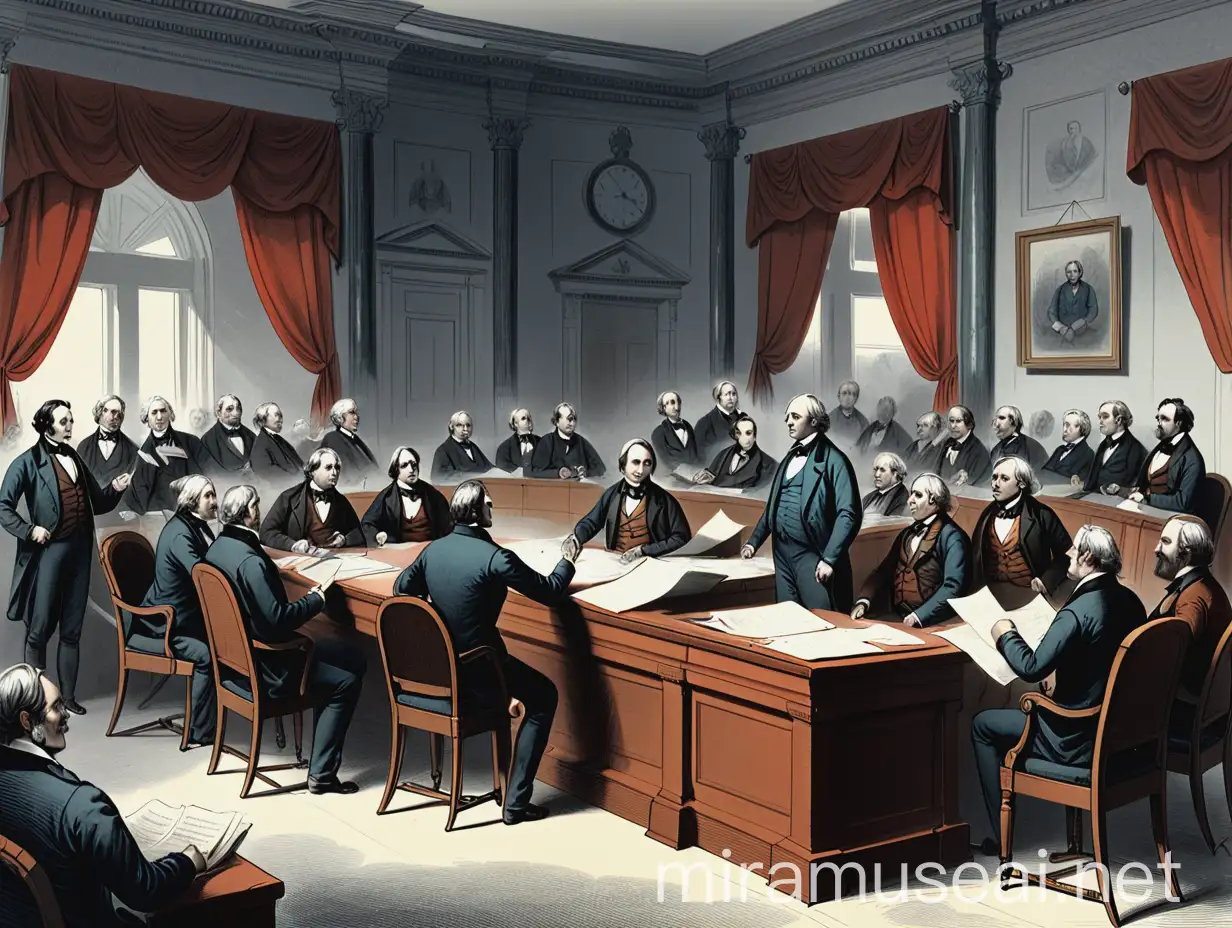 Historical Illustration of Parliamentarians Discussing at the Parliament of the Province of Canada in Montreal 1840