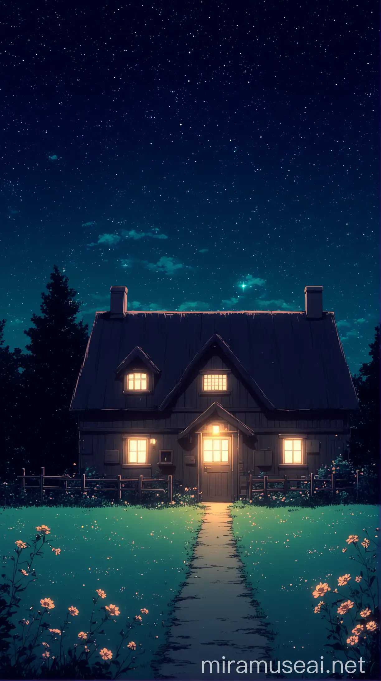 anime aesthetic lo-fi, shine, midnight, alone cottage, cosmic sky,