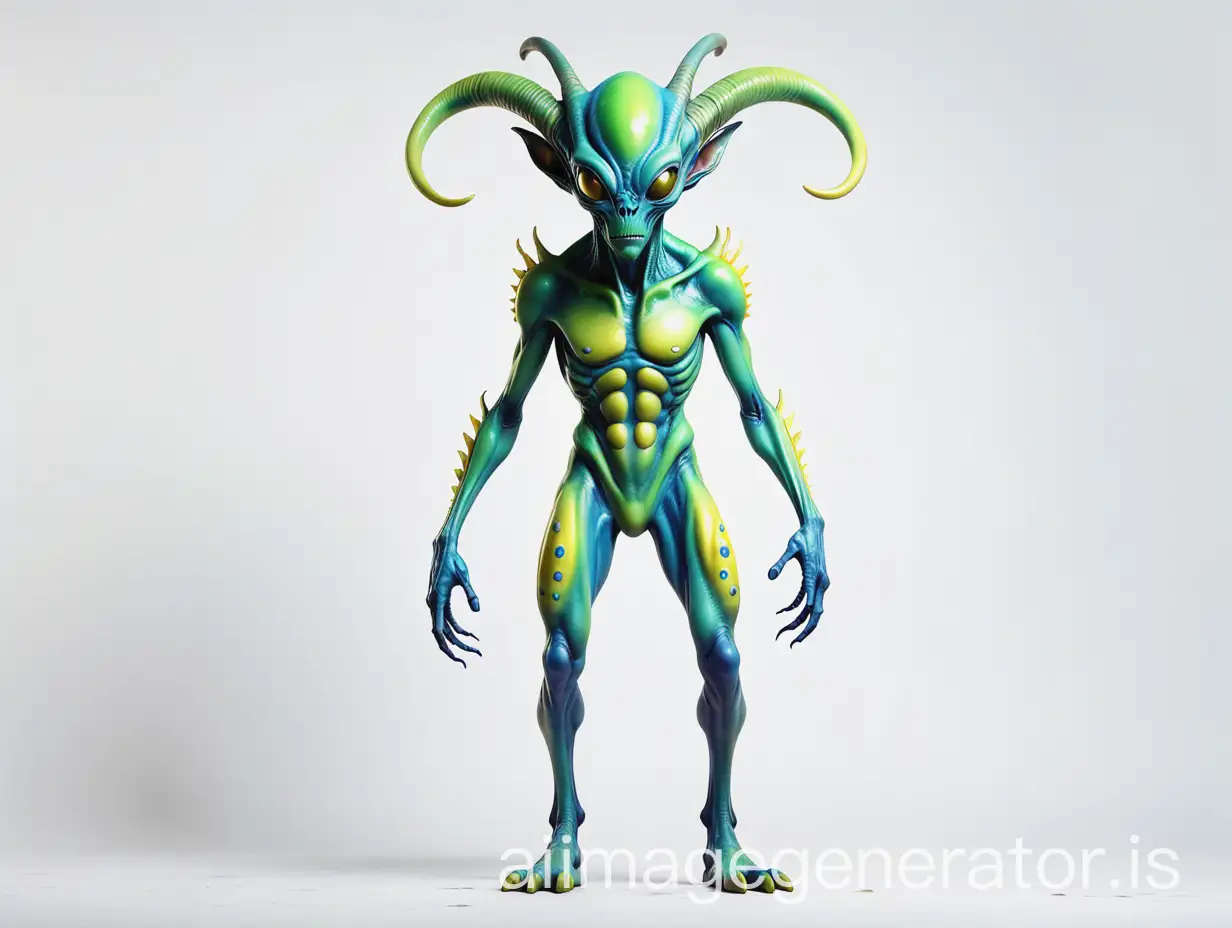 full body image of an alien that is green with gradients of blue to yellow spots and horns on a white background
