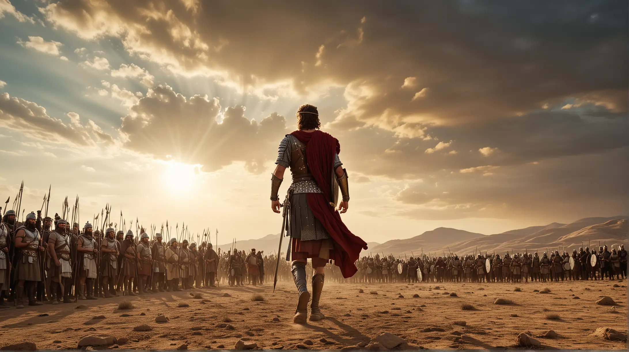 A battle ready King David facing a crowd of warriors on desert hilly fields. In the background a magnificent sky. Set during the Biblical Era of King David.