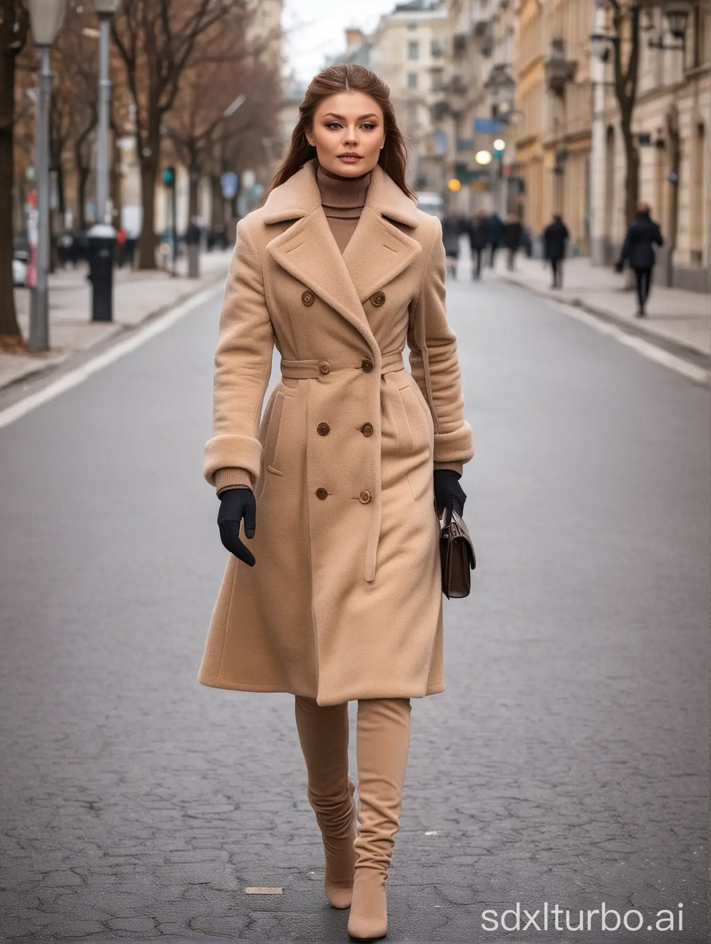 Detailed Alina Kabaeva  walk on the street wearing elegant winter outfit