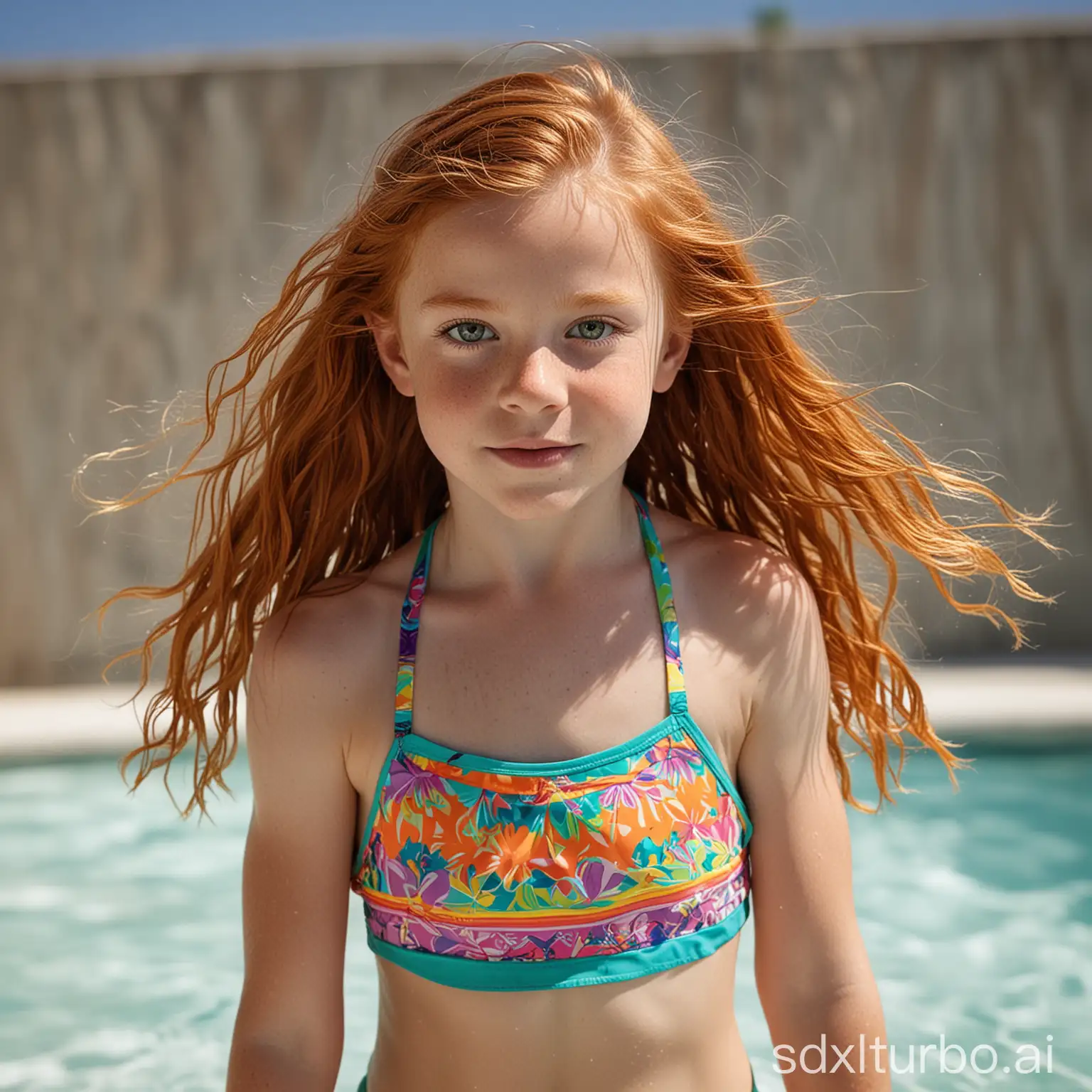 Muscular 8YearOld Girl with Long Ginger Hair and Green Eyes in Vibrant Bathing Suit