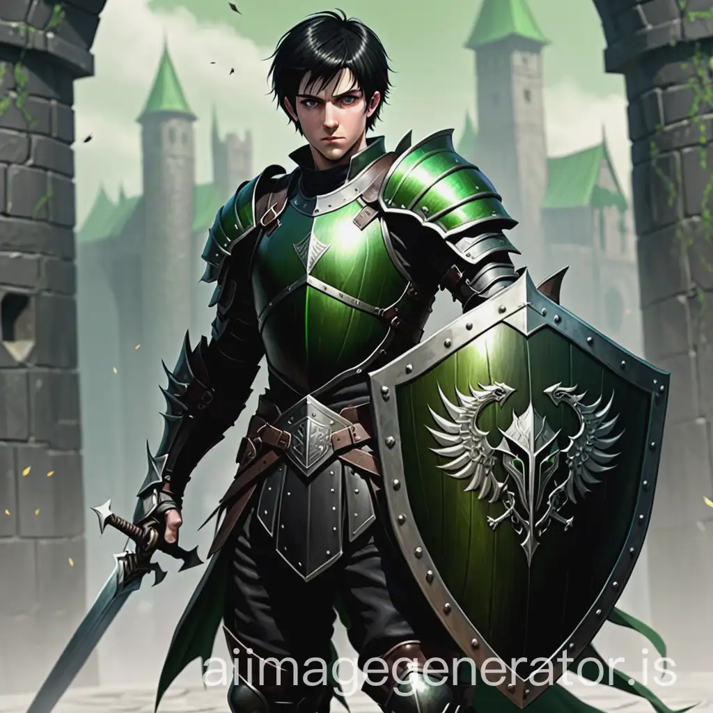 Mage. 1,70 meters tall. 78 Kilograms. Shield in back. Leather armor. Two swords Flying in the background. Black short hair. 24 years old. Eyes color: green. Full body. Armor color: black. Male