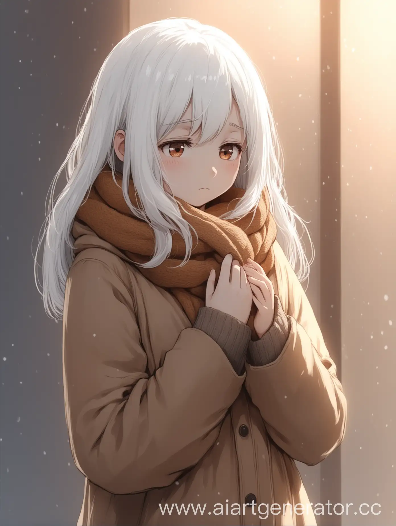 A girl with white hair and warm clothes stands very shyly with

