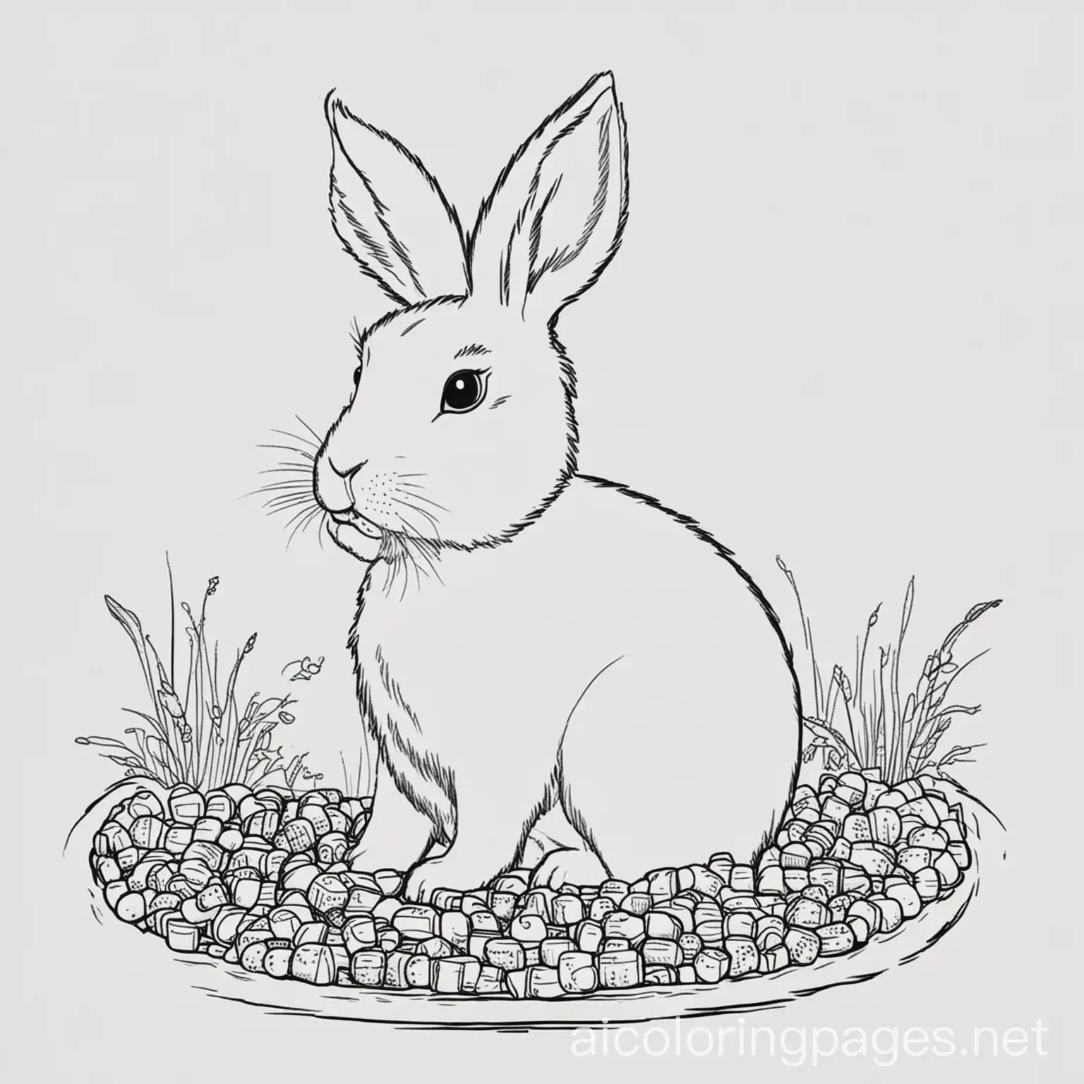 Rabbit with pellets, Coloring Page, black and white, line art, white background, Simplicity, Ample White Space. The background of the coloring page is plain white to make it easy for young children to color within the lines. The outlines of all the subjects are easy to distinguish, making it simple for kids to color without too much difficulty