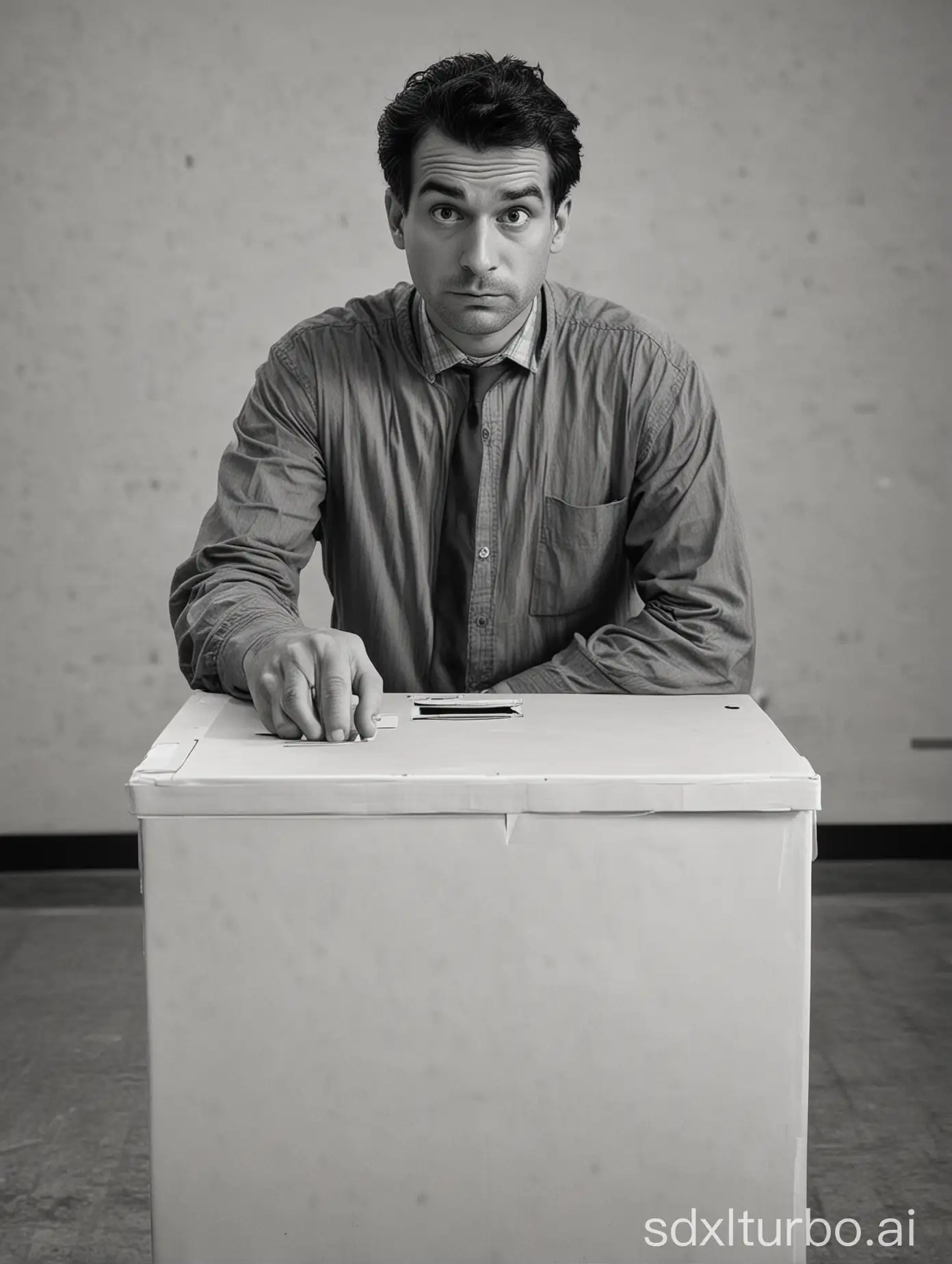 A man, who looks uncertain at a ballot box.