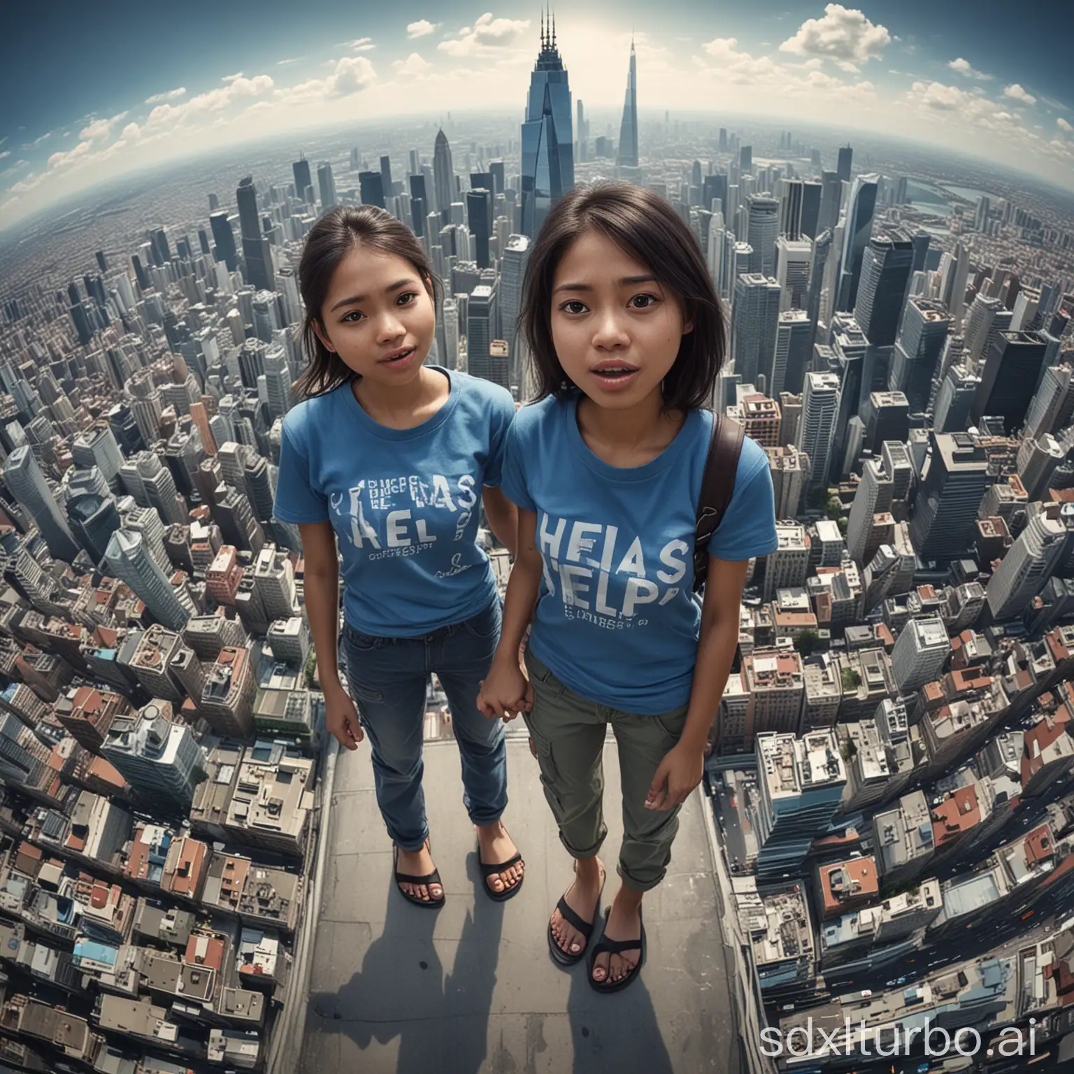 Created a hyperrealistic 4D caricature of a 25 year old Indonesian girl, mouth twisted in  puzzlement,wearing a blue shirt, cargo pants, flip flops, standing at the top of the tallest building while holding the hand of another person, the cameraman in front of him. next to it there is a chat bubble with the words ("PLEASE HELP"). Beautiful city background, fisheye lens