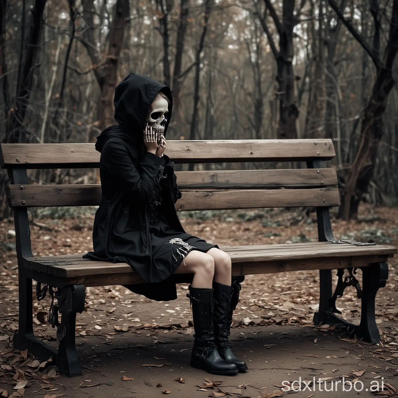Photo of a girl sitting on a backless wooden bench, sad with her hands on her face as if crying; next to her, sitting on the same bench, as if mounted, with one leg on the bench, a sinister skeleton wearing boots, black pants and a black coat with a hood looking at the girl. Cinematic photography.