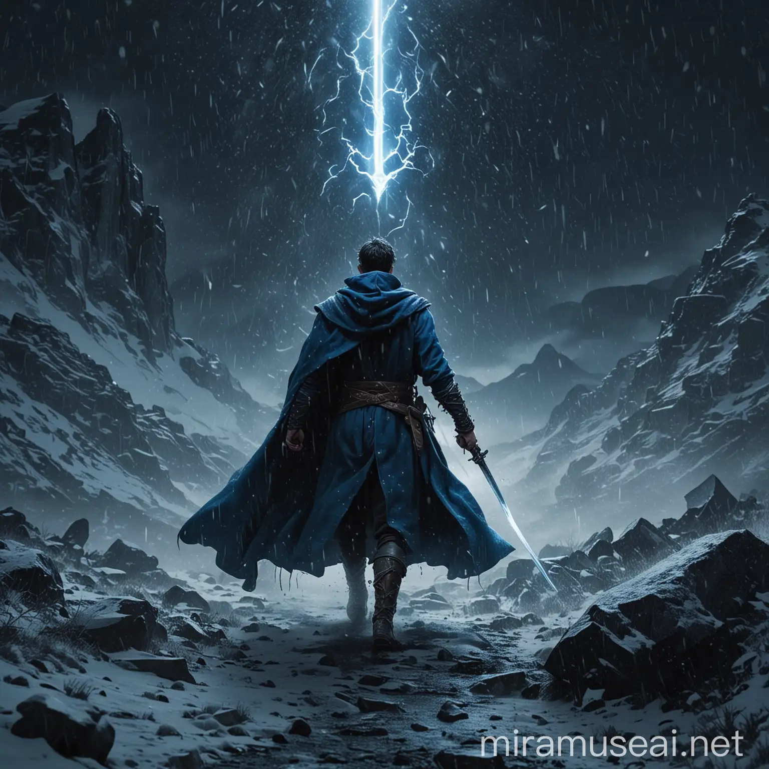 A very dark and confronting image of a thin young man, wearing a blue cloak, walking in the mountains, at night, in a blizzard, a sword strapped to his back, Mjolnir swirling around him in dim light like an electron in an atom