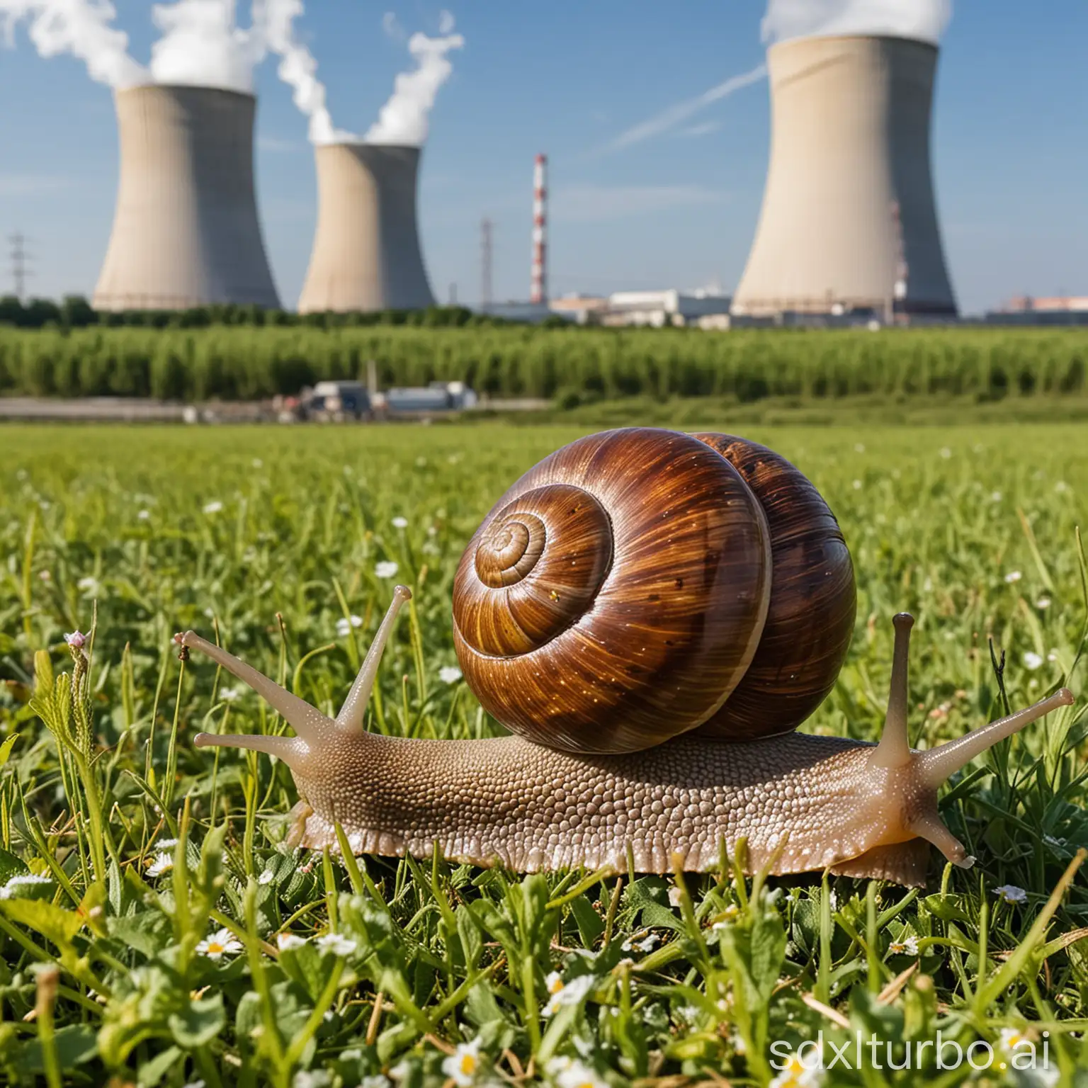 a big mutated vineyard snail with many caps on a meadow in front of a nuclear power plant in the background, total