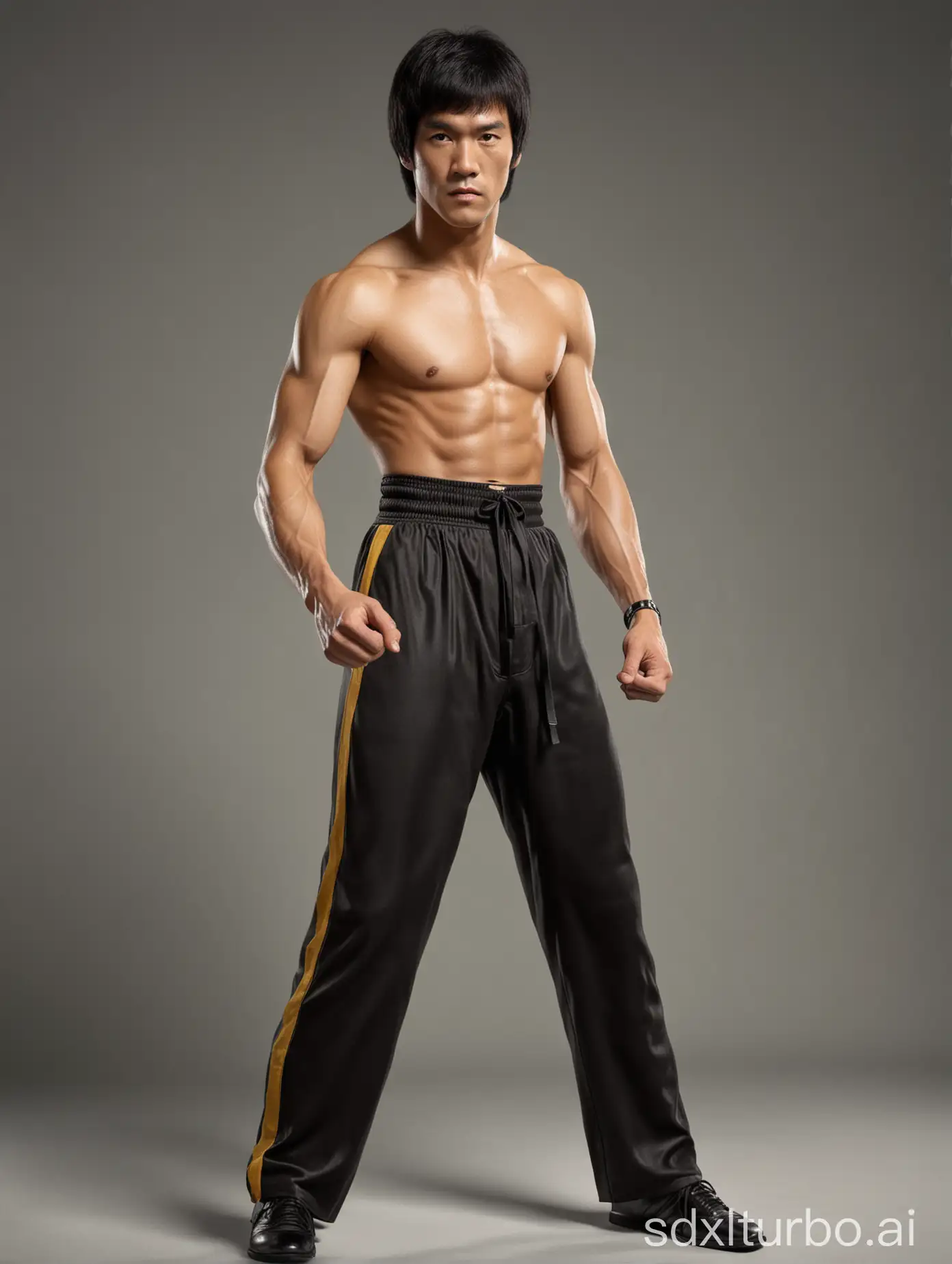 Bruce lee in a full body portrait. This is a photo realistic high resolution image with sharp clean subject focus