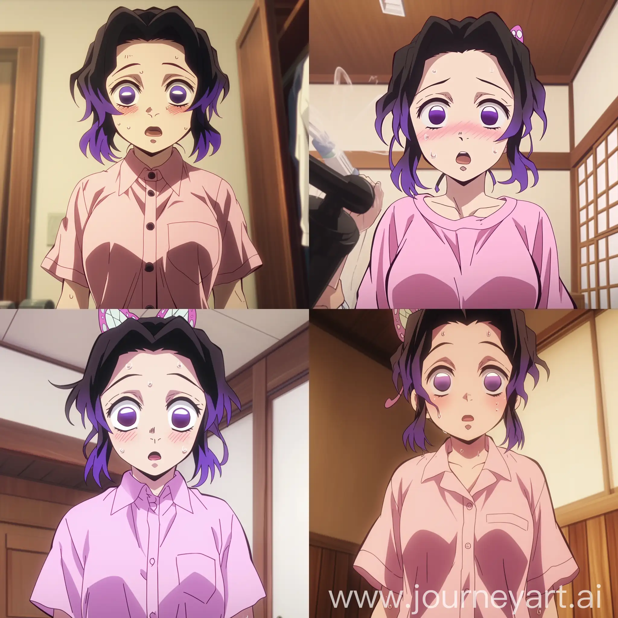 Shinobu-Kocho-Shocked-in-Pink-Shirt-Drying-Hair-Demon-Slayer-Anime-Scene