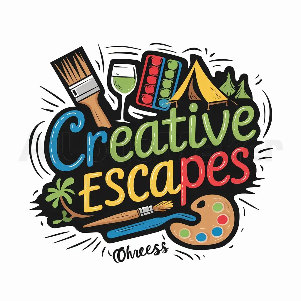 a logo design,with the text "Creative escapes", main symbol: Sure, here's a simple and creative logo description for "Creative Escapes":

A logo featuring a paintbrush, wine glass, Connect 4 game board, camping tent, and palette arranged in an artful and engaging composition. Vibrant colors such as bright blue, green, yellow, and red should be used to reflect the lively and fun atmosphere of the business. The text "Creative Escapes" can be incorporated into the design using a playful and modern font. The overall style of the logo should feel handcrafted and whimsical, with a touch of sophistication.,Moderate,be used in Others industry,clear background
