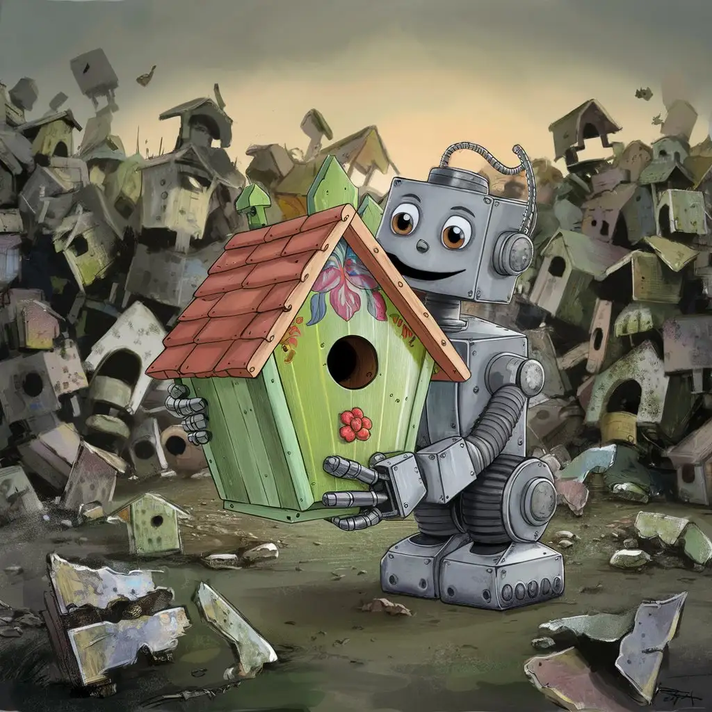 Cartoon Robot with Painted Birdhouse Surrounded by Broken Birdhouses