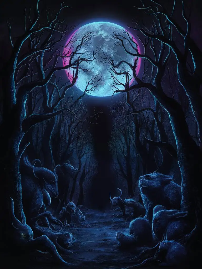 moonlit night, neon colors, uninhabited forest with non-existent animals, realism