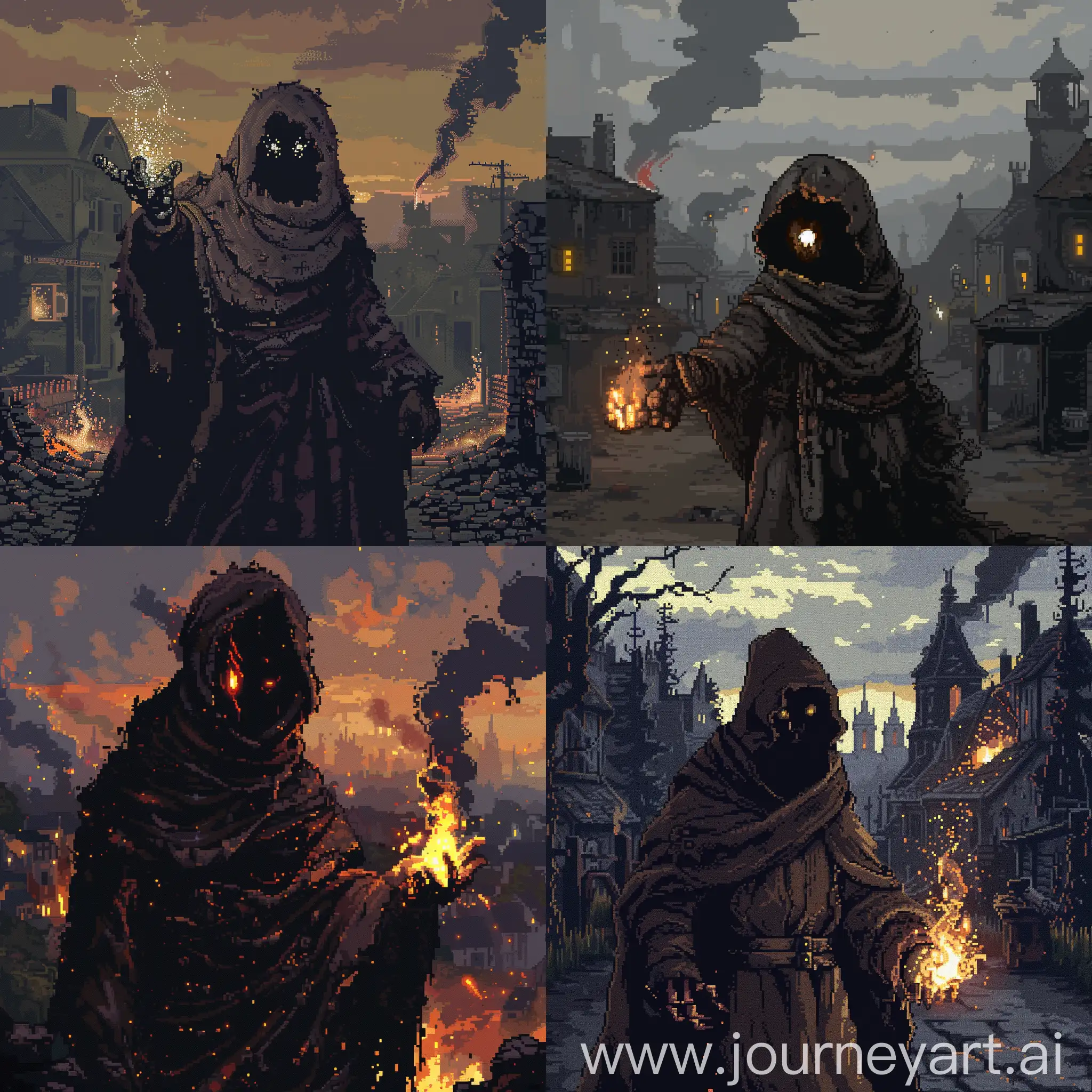 Dark-Fantasy-Pixel-Art-Lone-AntiHero-Sorcerer-with-Glowing-Fist-and-Burning-Village-Background