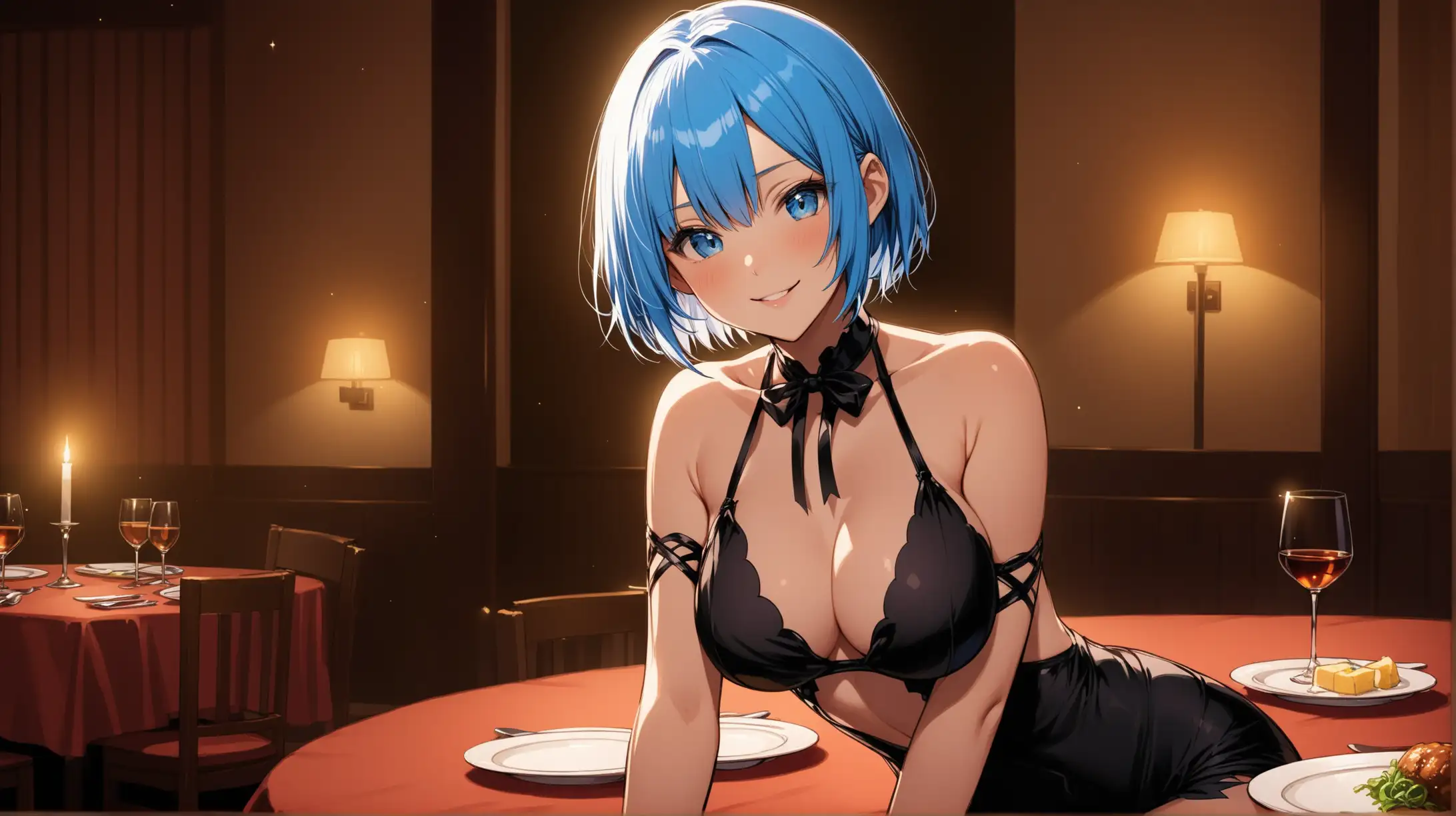 Draw the character Rem, high quality, dim lighting, long shot, indoors, sitting at a dinner table, revealing outfit, smiling at the viewer