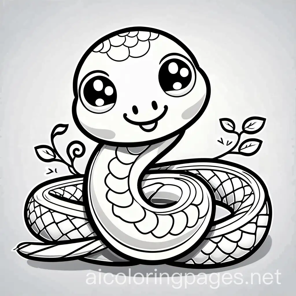 cute snake, being happy, infant, coloring pages, thick lines, white background., Coloring Page, black and white, line art, white background, Simplicity, Ample White Space. The background of the coloring page is plain white to make it easy for young children to color within the lines. The outlines of all the subjects are easy to distinguish, making it simple for kids to color without too much difficulty