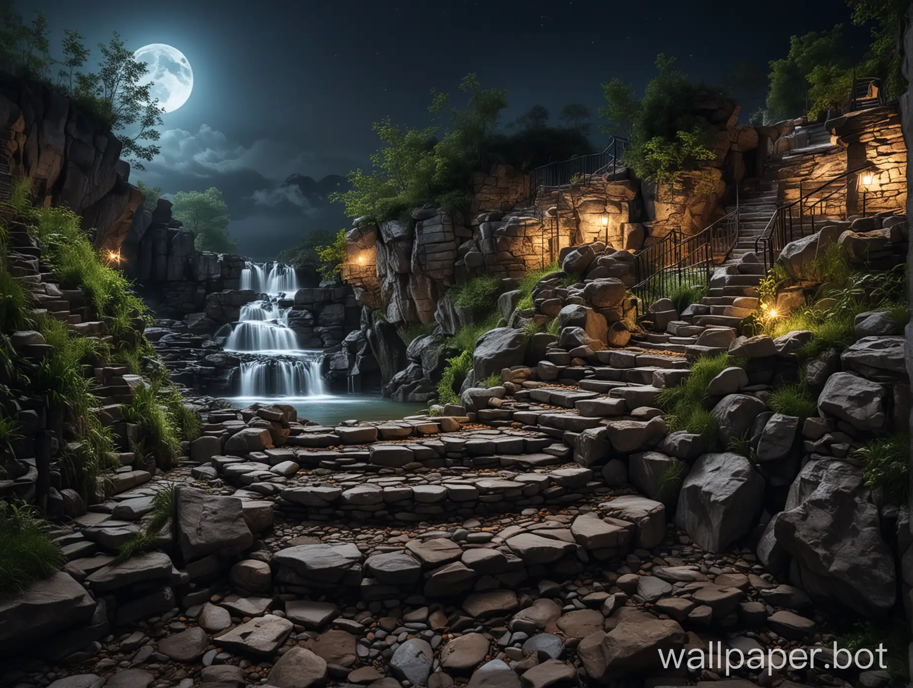 Night mystical landscape. Rocks with waterfalls and stone stairs between the terraces.