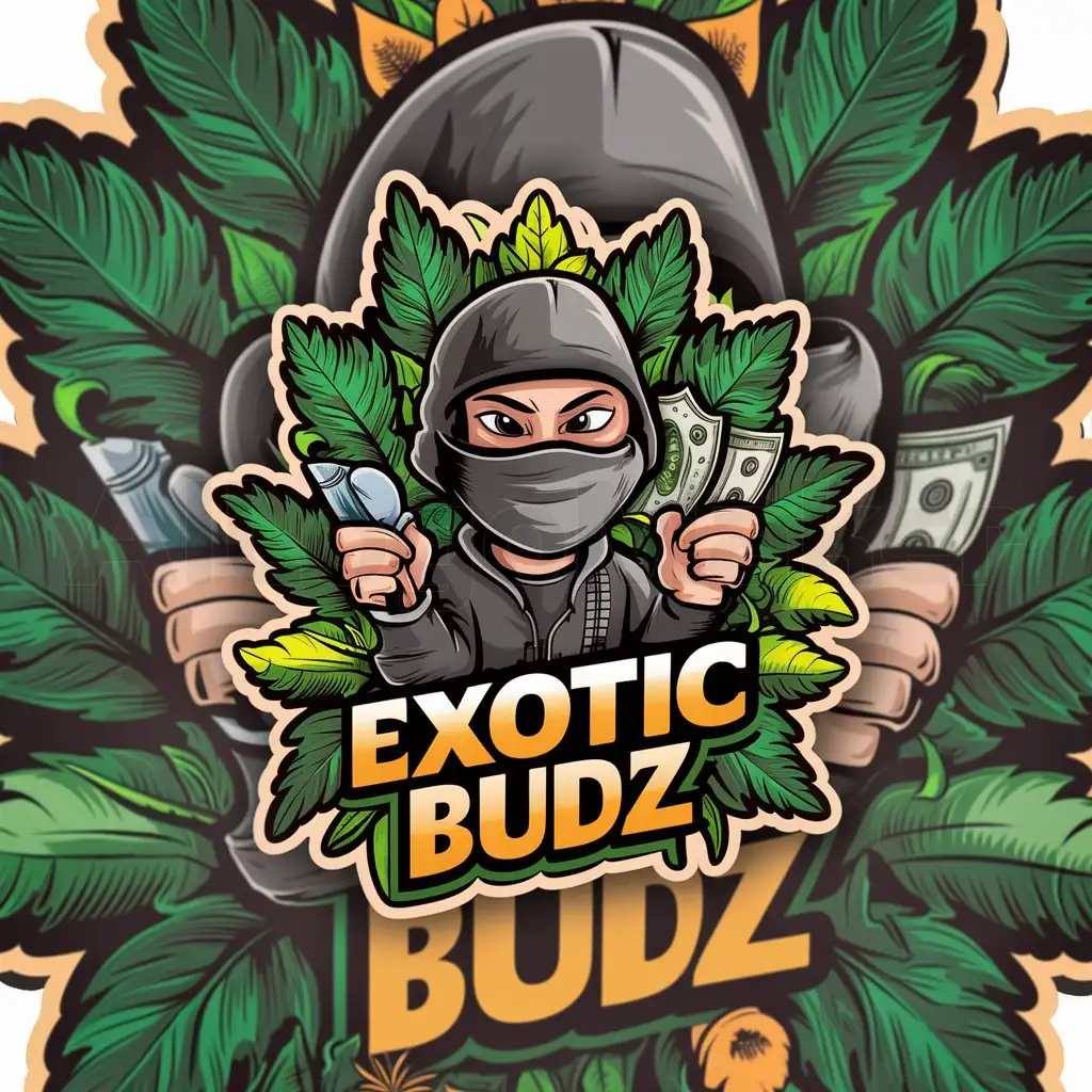 a logo design,with the text "Exotic Budz", main symbol:A highly detailed weed inspired background with a cartoon character wearing a balaclava holding money and a joint,Moderate,be used in Travel industry,clear background