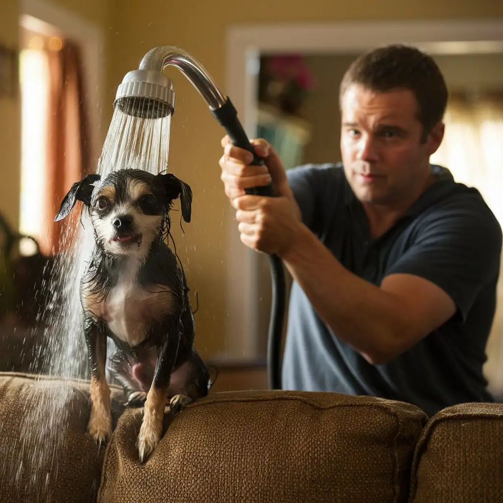 35 year old man with a hose pouring water on a small dog that is on the couch, the dog is very scared