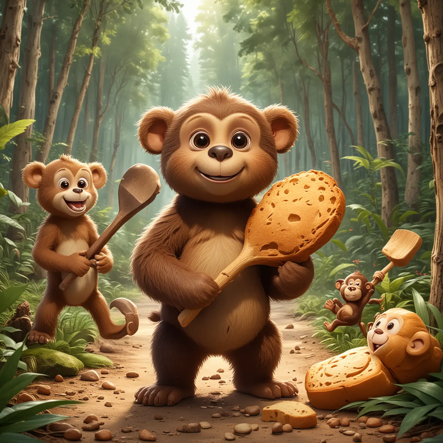 a cute cartoon bear, holding a shovel, and a monkey holding a bread, happily playing in the forest