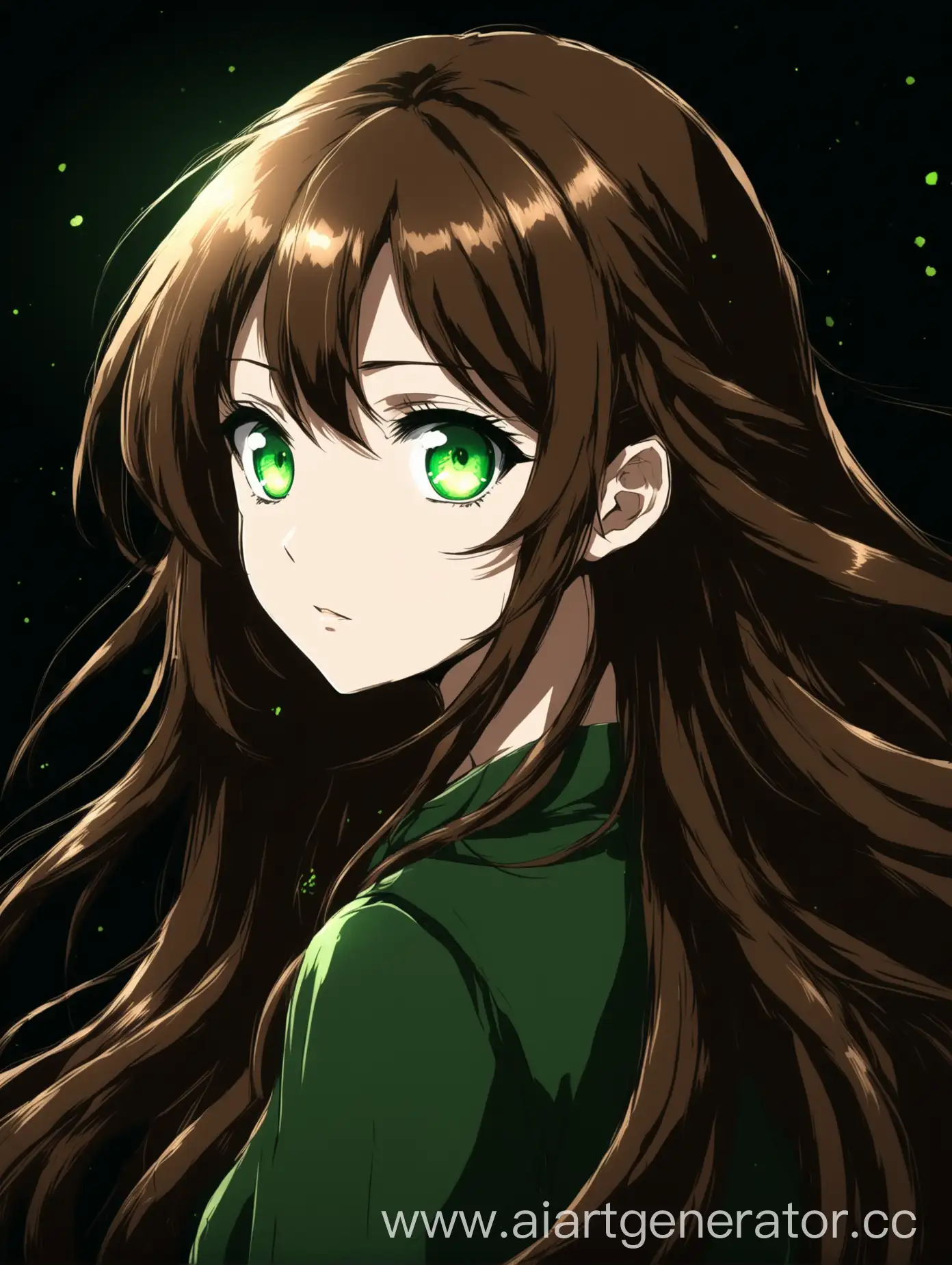 Anime-Style-Portrait-of-a-Girl-with-Green-Eyes-and-Long-Brown-Hair-on-a-Dark-Background