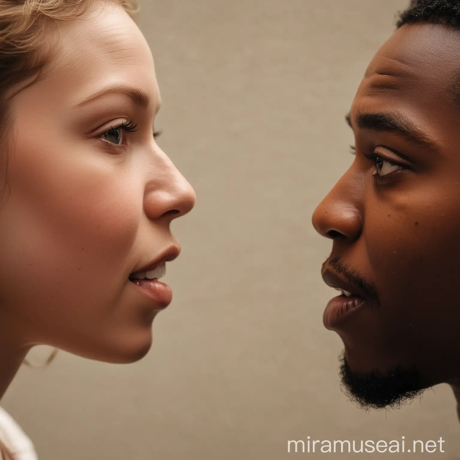 A white person and a black person having a conversation in close up
