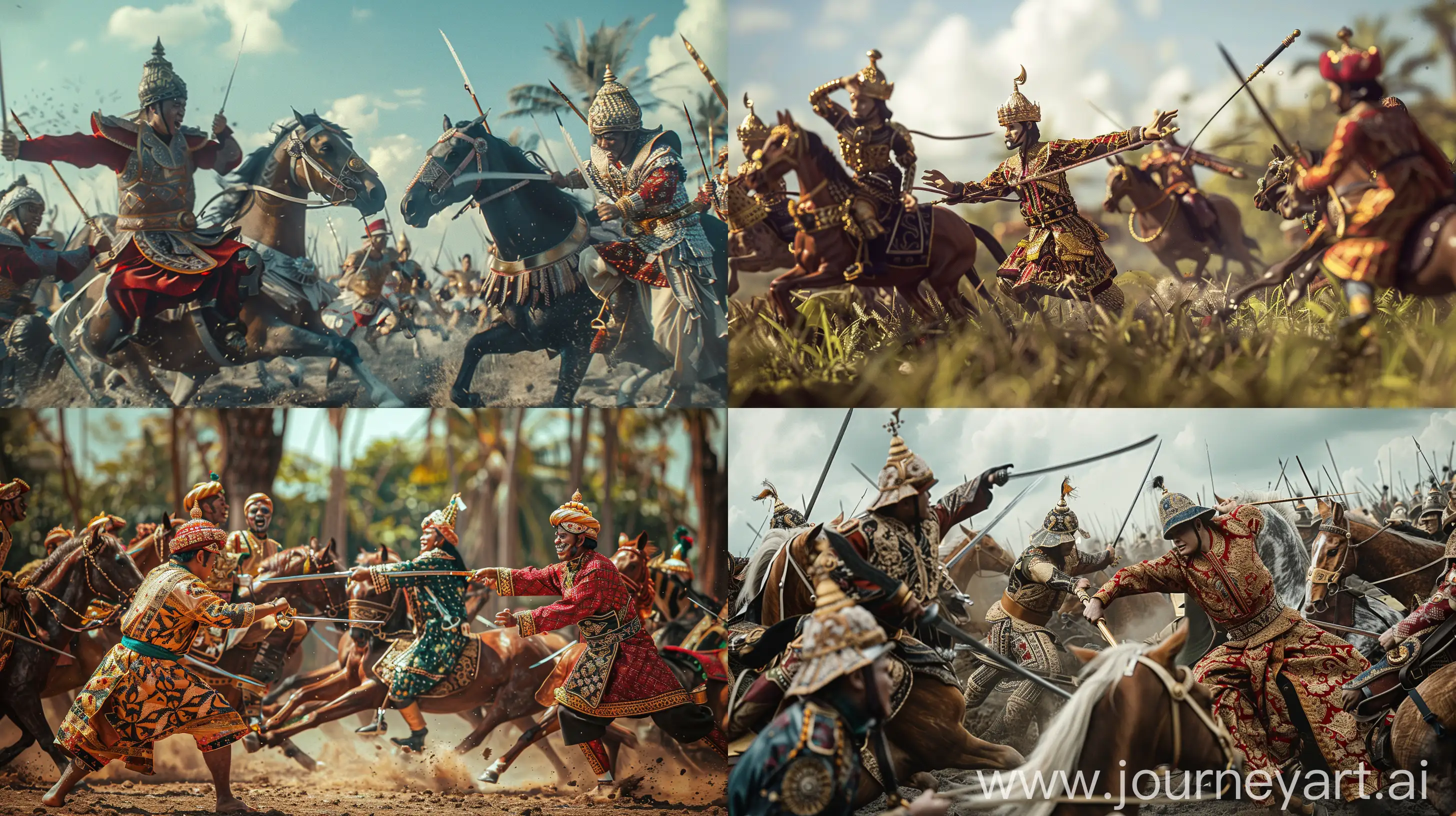 Indonesian kingdom, Mataram kingdom. several soldiers dressed in traditional Indonesian royal clothing, fighting with horses and keris super realistic, nice details, --v 6 --ar 16:9