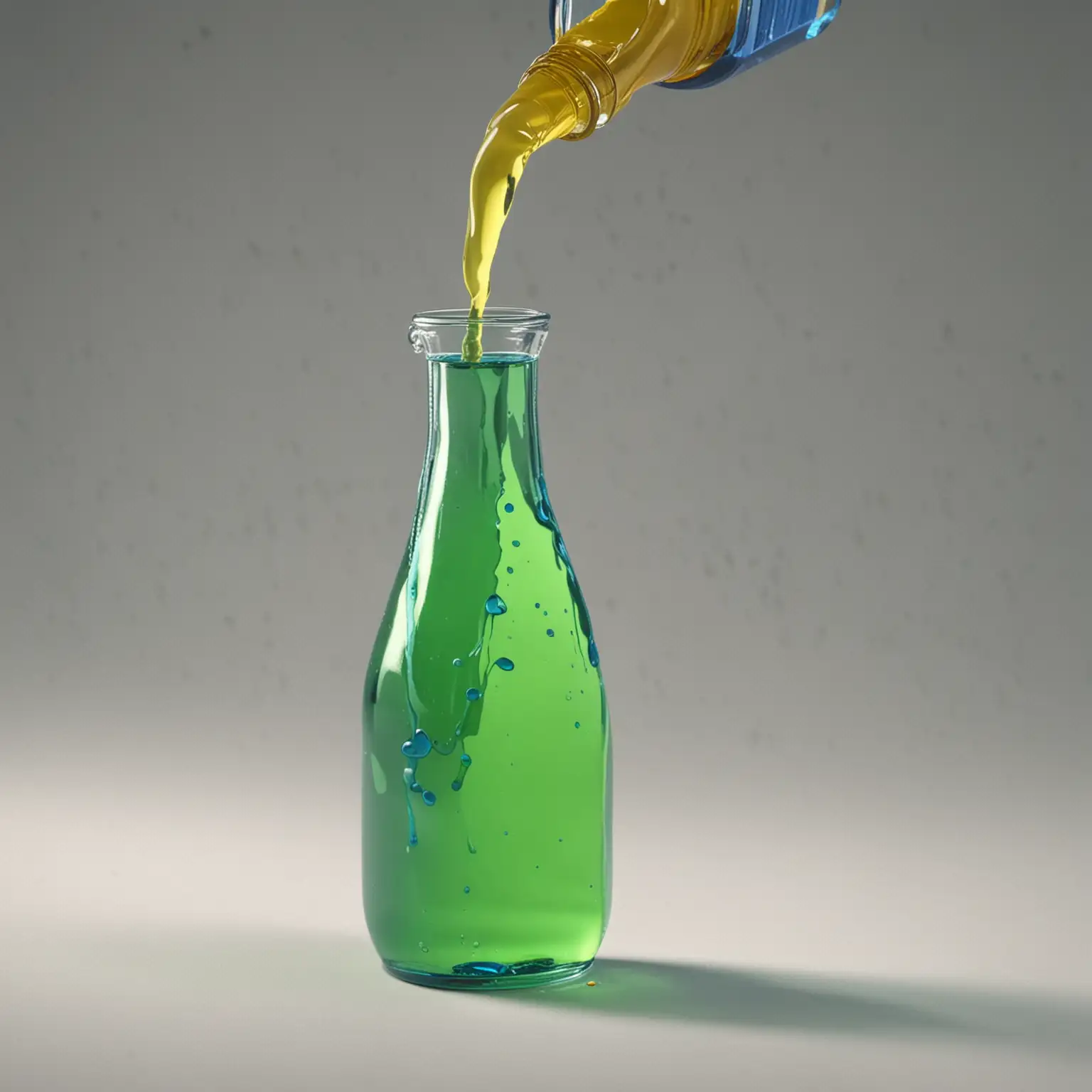 create an annimation showing a botle of blue liquid and a bottle of yellow liquid being poured into a bottle to form a green liquid