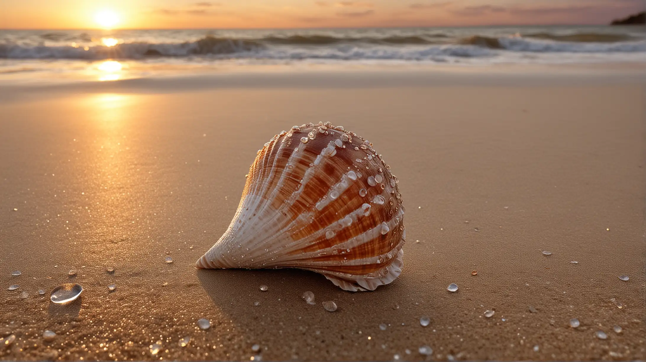 a seashell on a sandy beach. The seashell stands upright, revealing its intricate ridges and texture. Water droplets cling to the shell’s surface, suggesting that it is wet. In the background, the sun sets over the ocean horizon, casting a warm glow on the wet sand surrounding the shell. The juxtaposition of the delicate shell against the vastness of the ocean and sky creates a serene and captivating; MACRO
PHOTOGRAPHY